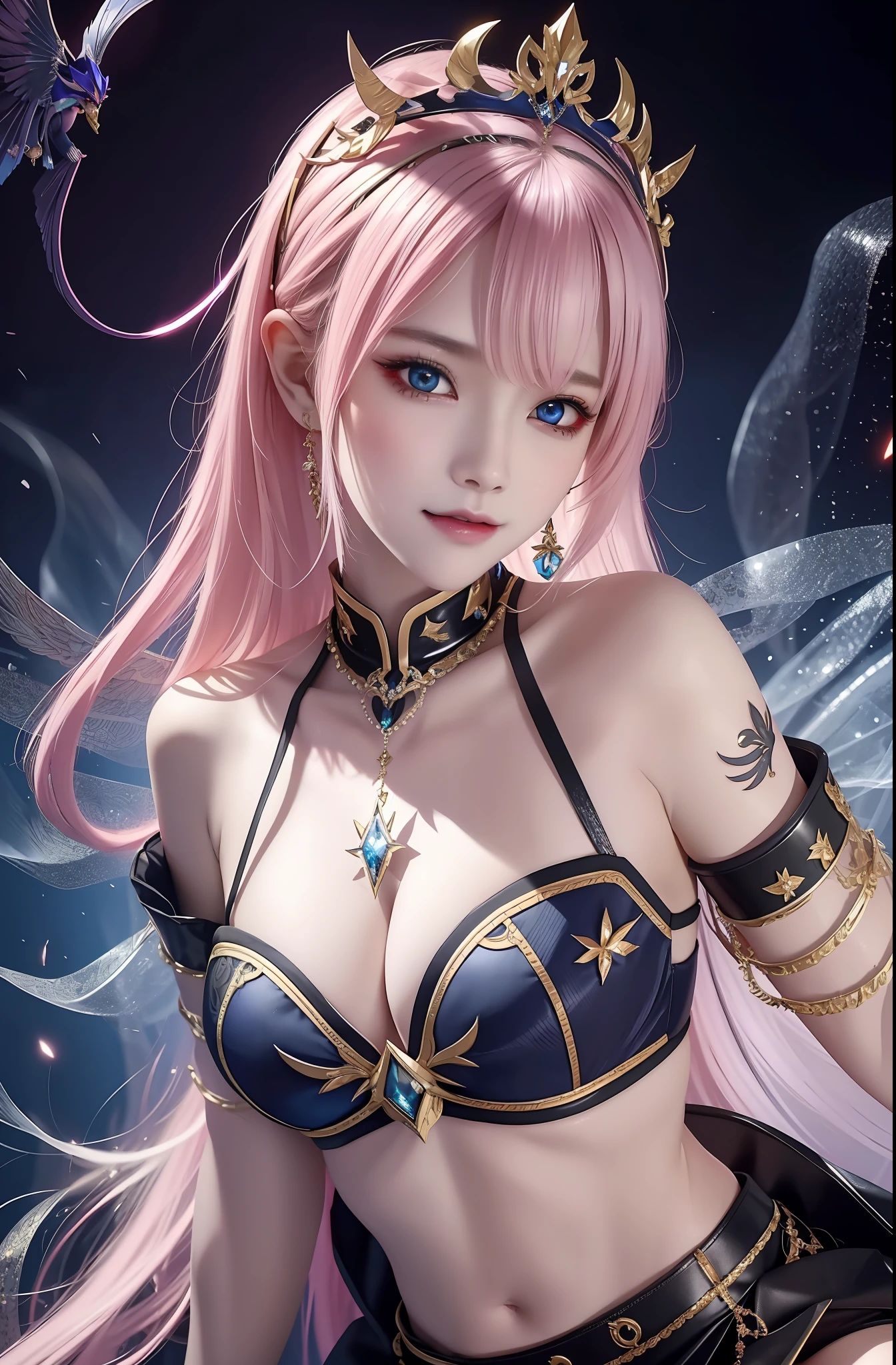Masterpiece, top quality, pink hair, blue lightning, realistic, realistic details, high detail. Blue clothes. Blue Thunder. Blue crystal. Black suspended particles. Black smoke. Black crystals around. Black smoke wafts around. Warping the body. Warping the body. Horn. Darkness. Ochi Yami Yugi. Laugh. Very short. Boyish. Short hair. Short hair.
1 girl, beauty, , fine skin, anicos_No one,, navel, detached sleeves, bare shoulders, center opening, cleavage between breasts, middle breast, long feather hair clip, blue hair ornament, thigh height,watch viewer,isekai, ochi yami play. Temptation. Brainkill. Tattoo. Demon Tail. Gold pattern at chest. Luminescent tattoo. Luminescent tattoo. Devil's wings. Black and gold tiara. Tiara. Complex and luxurious tiara. Smile. Luminescent blades.