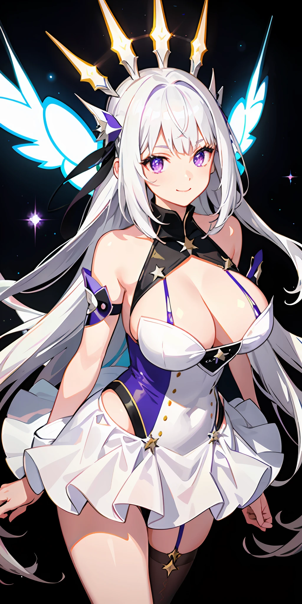 1girl, bright, silver-white hair, star motif, multicolored hair, purple eyes, saleme, head mask, side lights, light particles, wallpaper, big, plump, idol, swimsuit, loose, fluffy, quiet, smile, gentle, clear, sexy