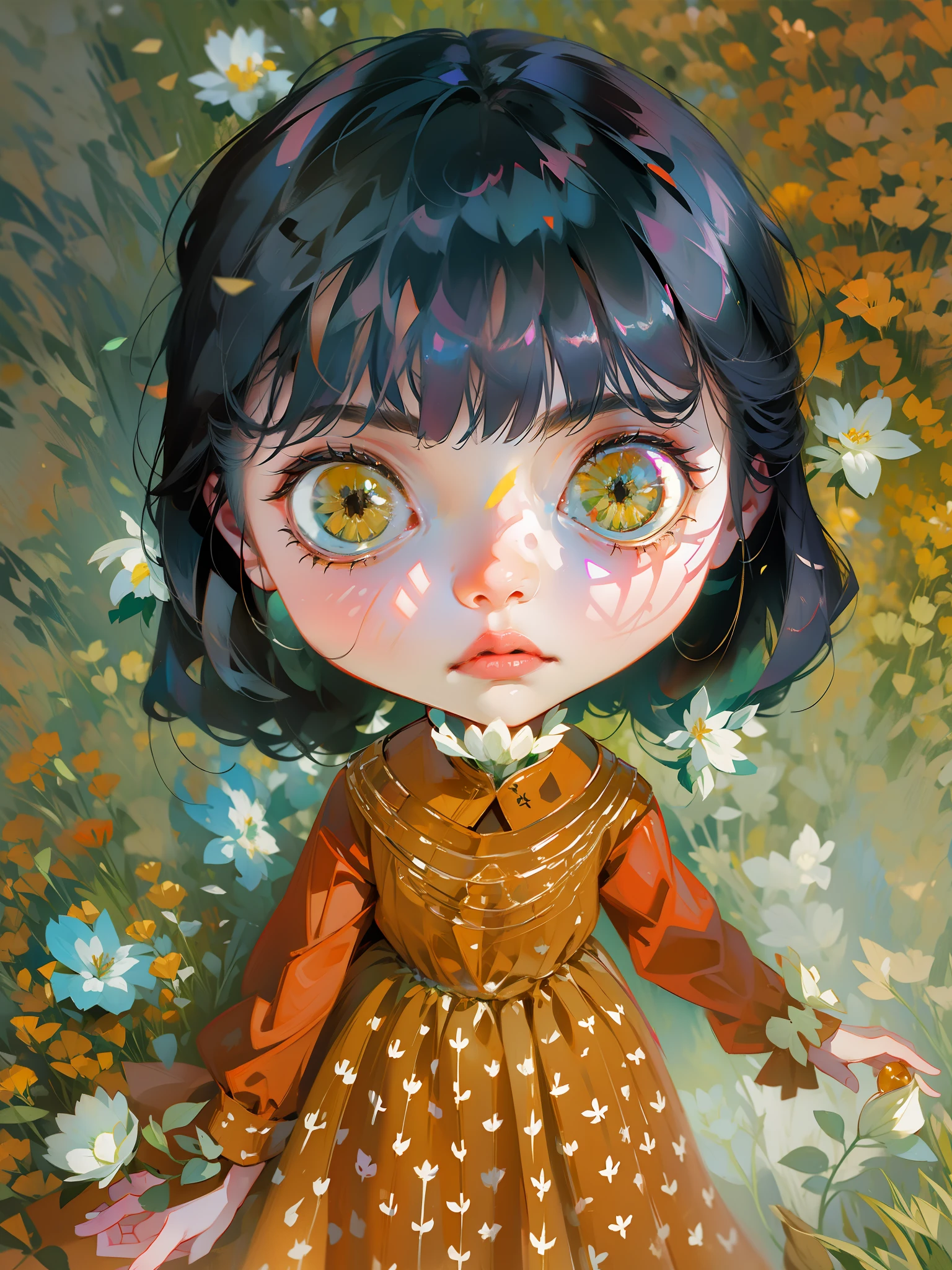 Blythe, in the smoked garden full of flowers (colors and perfect lighting)