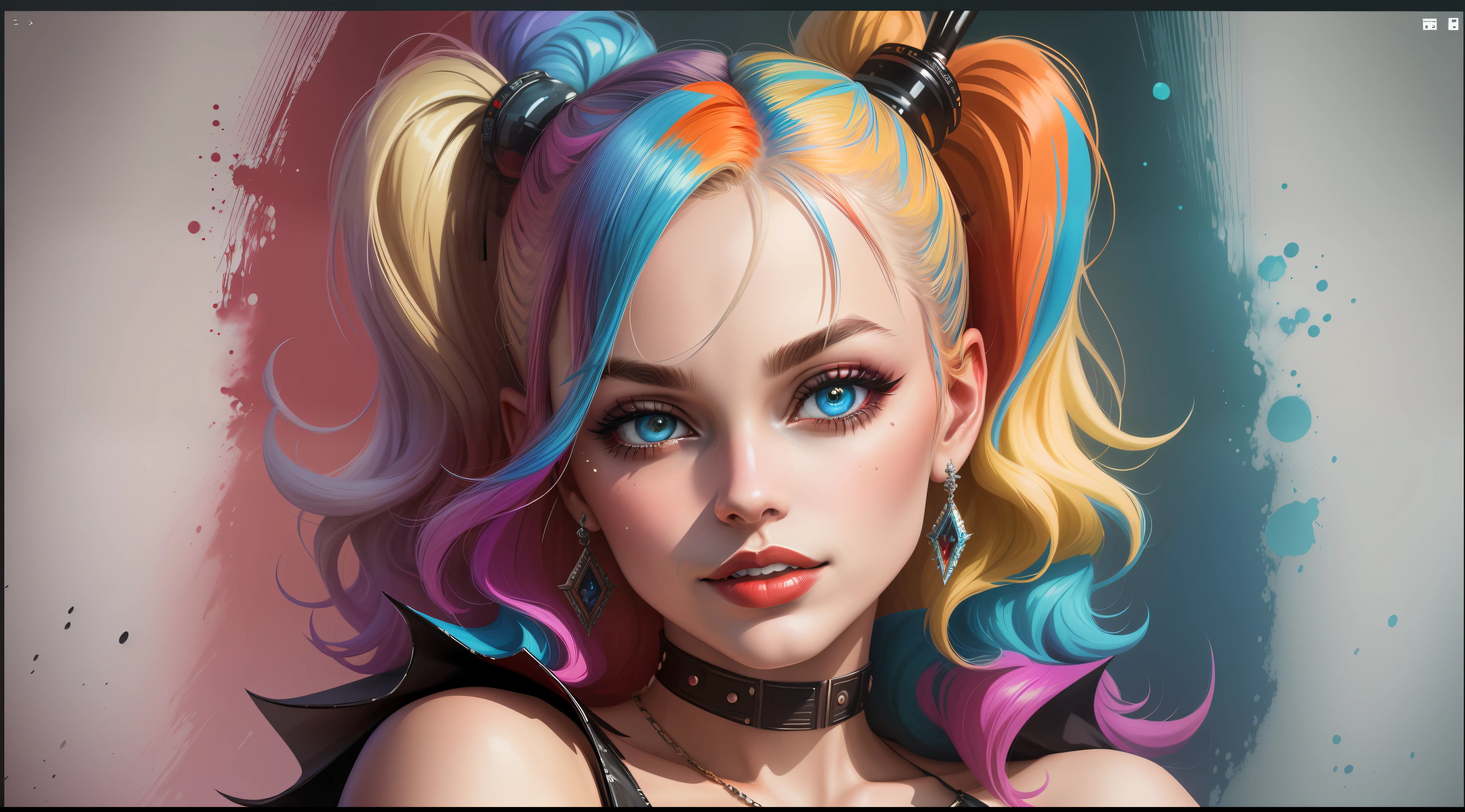 Create a color digital line art portrait of medium photo of the character of harley quinn from margot robbie Include colorful drips, paper texture, and perfect shading, with dramatic lighting. The artwork should be centered, stylized and elaborate, with a beautiful dress, beautiful eyes and a dynamic pose. TanvirTamim. rendered in 8K resolution for high quality detail, 8K image quality, 8k high resolution image, hyper detailed, super realistic, intricate details
