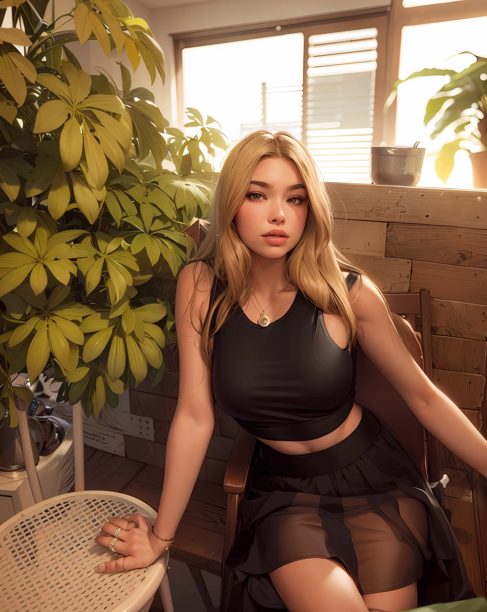 there is a woman sitting in a chair with a drink in her hand, blonde hair,detailed blonde hair,portrait sophie mudd, madison beer, wearing a tanktop and skirt, 18 years old, :: madison beer, wearing a sexy cropped top, she is about 1 6 years old, madison beer girl portrait, casual pose, style of julia razumova, soft devil queen madison beer