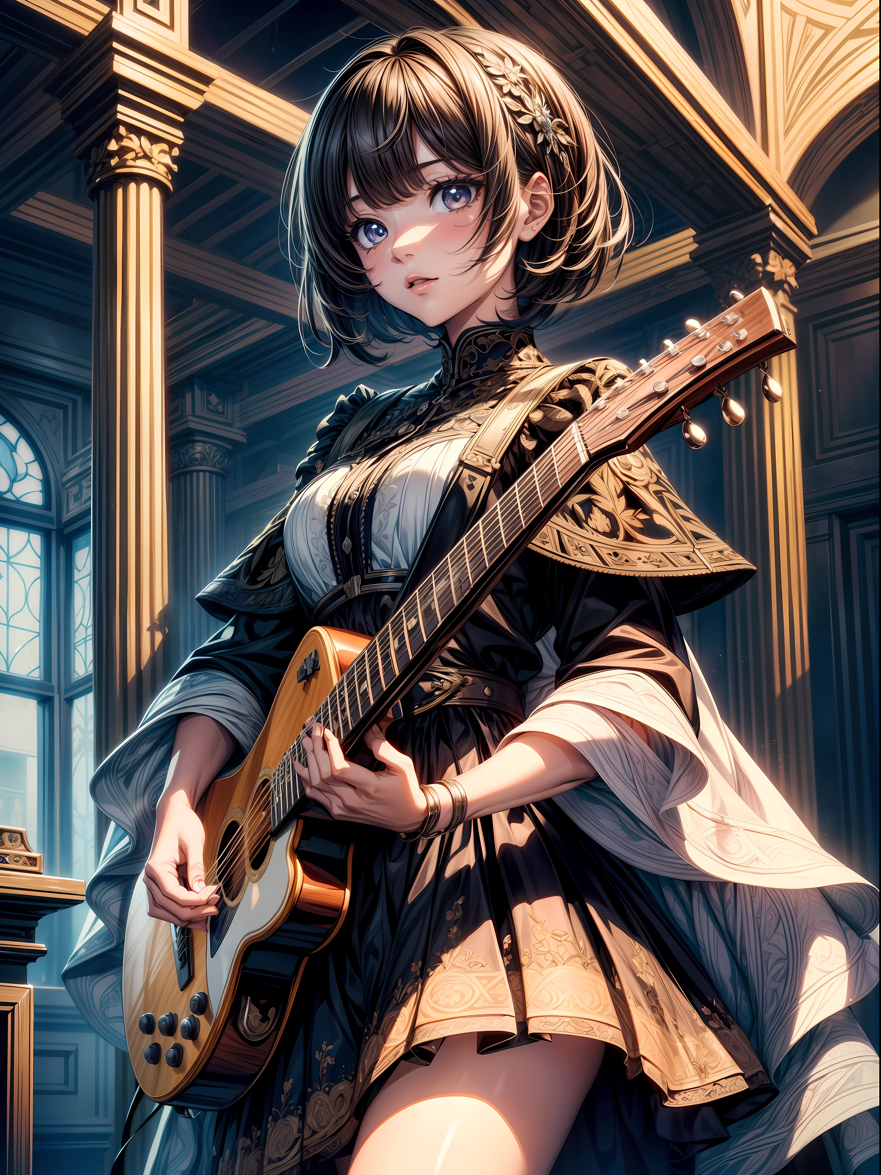 Short-haired children, learning to play the guitar female  
 , ((masterpiece)), ((highly intricate details)),beautiful, high quality, highres, absurdres, light difussion, intricate details, complex details, ((anime)), (anime:1.2) , (perfect face:1.3), extreme detailed eyes, colorful, highest detailed, vibrant colors, high contrast, (8K UHD:1.2), (photorealistic:1.2),(masterpiece:1.4), (best quality:1.4),extremely detailed wallpaper, highly detailed illustrations, ((1 Girl)), (best lighting) , (super-complex details) , 4K unified, (super-detailed CG: 1.2)