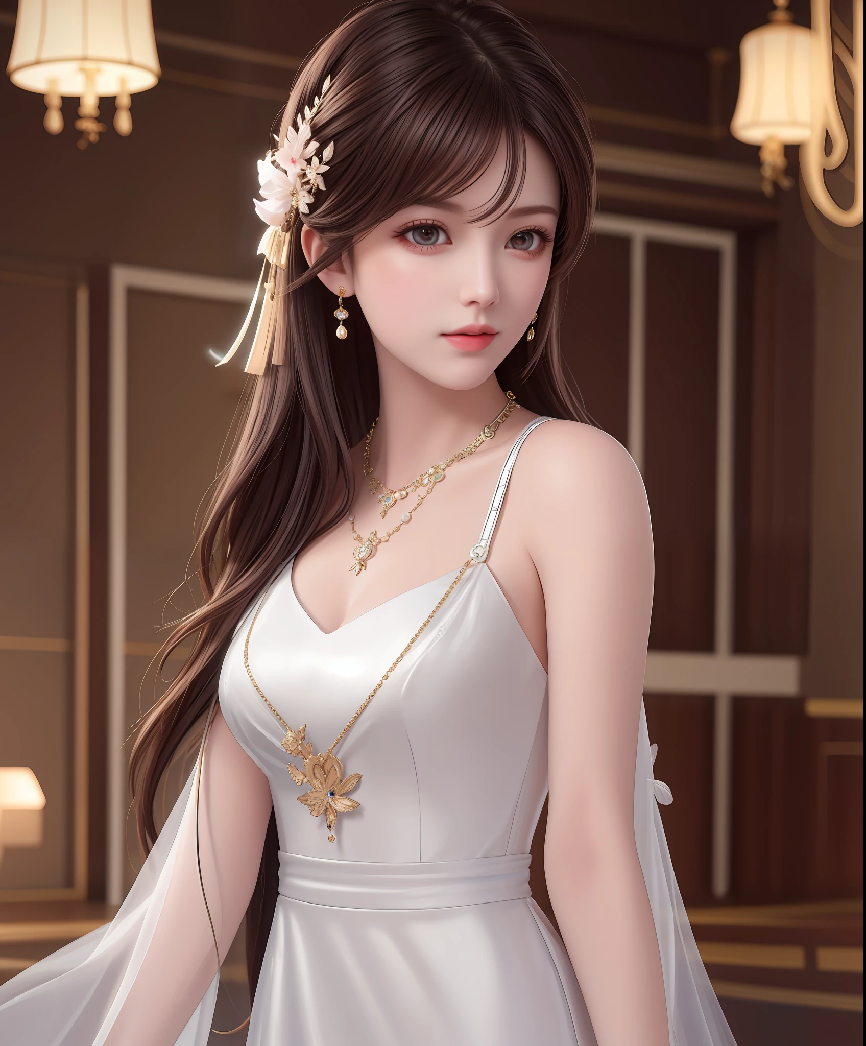 Best Quality, Masterpiece, High Resolution, 1Girl, Porcelain Dress, Hair Accessories, Necklace, Jewelry, Beautiful Face, Body-on, Tyndall Effect, Realistic, Dark Studio, Edge Lighting, Two-tone Lighting, (High Detail Skin: 1.2), 8K UHD, DSLR, Soft Light, High Quality, Volumetric Light, Voyeur, Photo, High Resolution, 4K, 8K, Background Blur, Breasts