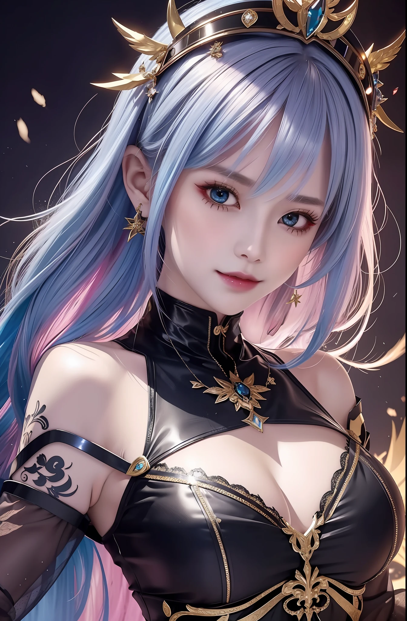 Masterpiece, top quality, pink hair, blue lightning, realistic, realistic details, high detail. Blue clothes. Blue Thunder. Blue crystal. Black suspended particles. Black smoke. Black crystals around. Black smoke wafts around. Warping the body. Warping the body. Horn. Darkness. Ochi Yami Yugi. Laugh. Very short. Boyish. Short hair. Short hair.
1 girl, beauty, , fine skin, anicos_No one,, navel, detached sleeves, bare shoulders, center opening, cleavage between breasts, middle breast, long feather hair clip, blue hair ornament, thigh height,watch viewer,isekai, ochi yami play. Temptation. Brainkill. Tattoo. Demon Tail. Gold pattern at chest. Luminescent tattoo. Luminescent tattoo. Devil's wings. Black and gold tiara. Tiara. Complex and luxurious tiara. Smile. Luminescent blades.