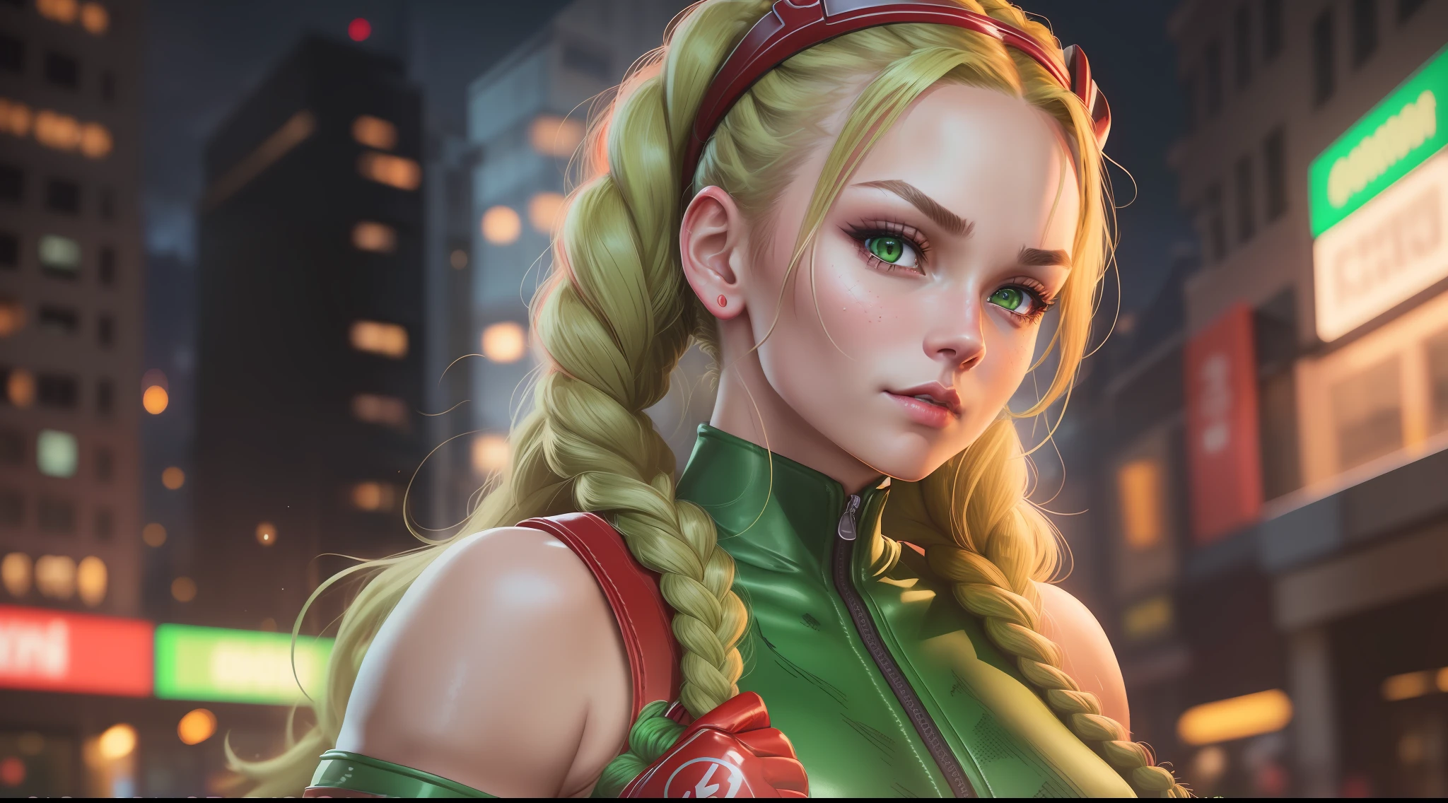 1 girl, caucasian, ((detailed face)), milf cammy from street fighter wear (leotard green), two braided braids, night street background, (arms behind back), (red gloves), (stands straight), looking at the camera, rendered in 8K resolution for high quality detail, 8K image quality, 8k high resolution image, hyper detailed, super realistic, intricate details