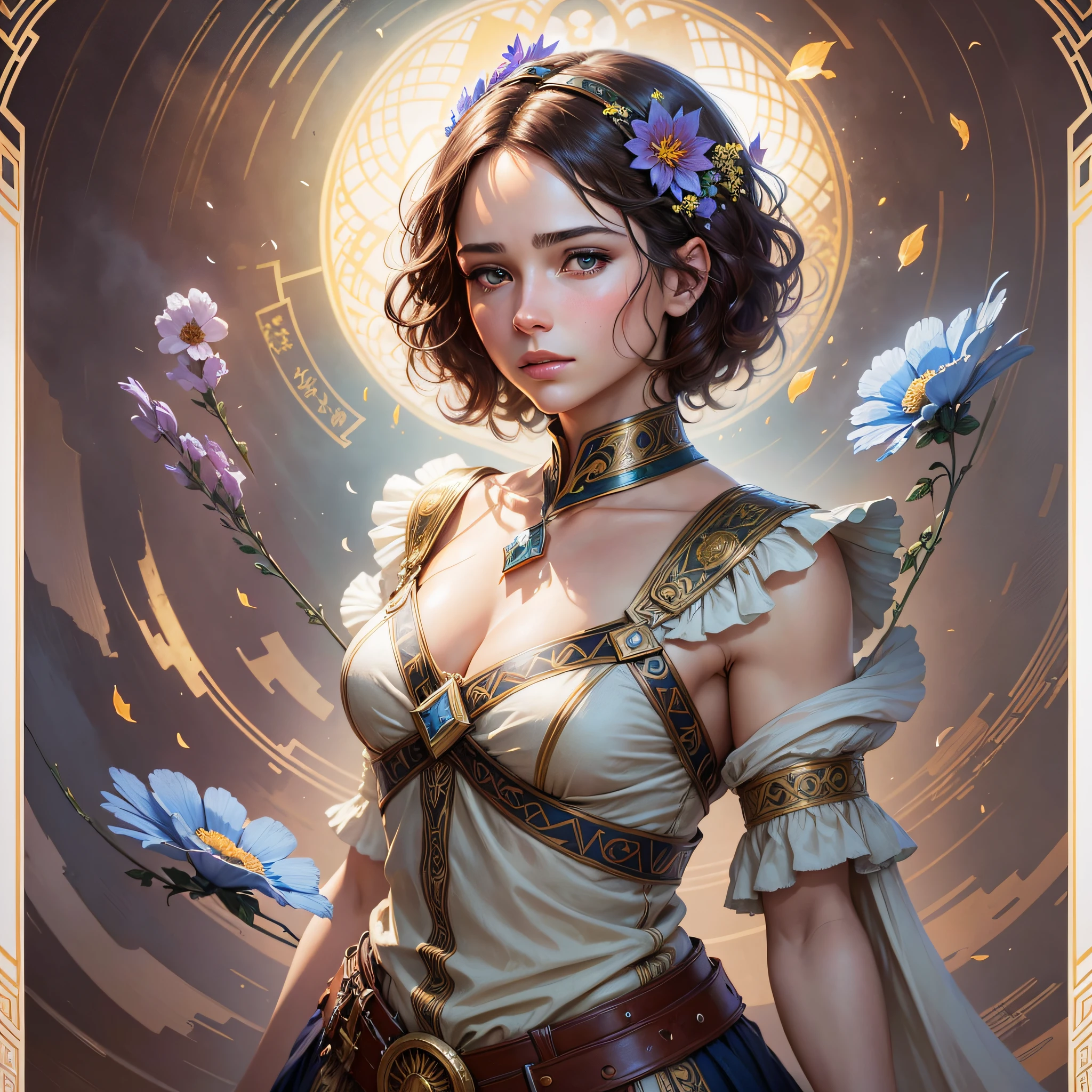 photo anime, masterpiece, high quality, absurdres, A girl with brown wavy short hair and blue eyes like jewels in a garden holding a bunch of wild flowers,goung sharp focus, high contrast, intricate, cinematic lighting, smooth, ultra realistic illustration, high fantasy, elegant, by artgerm, greg rutkowski, alphonse mucha magali villeneuve --auto --s2