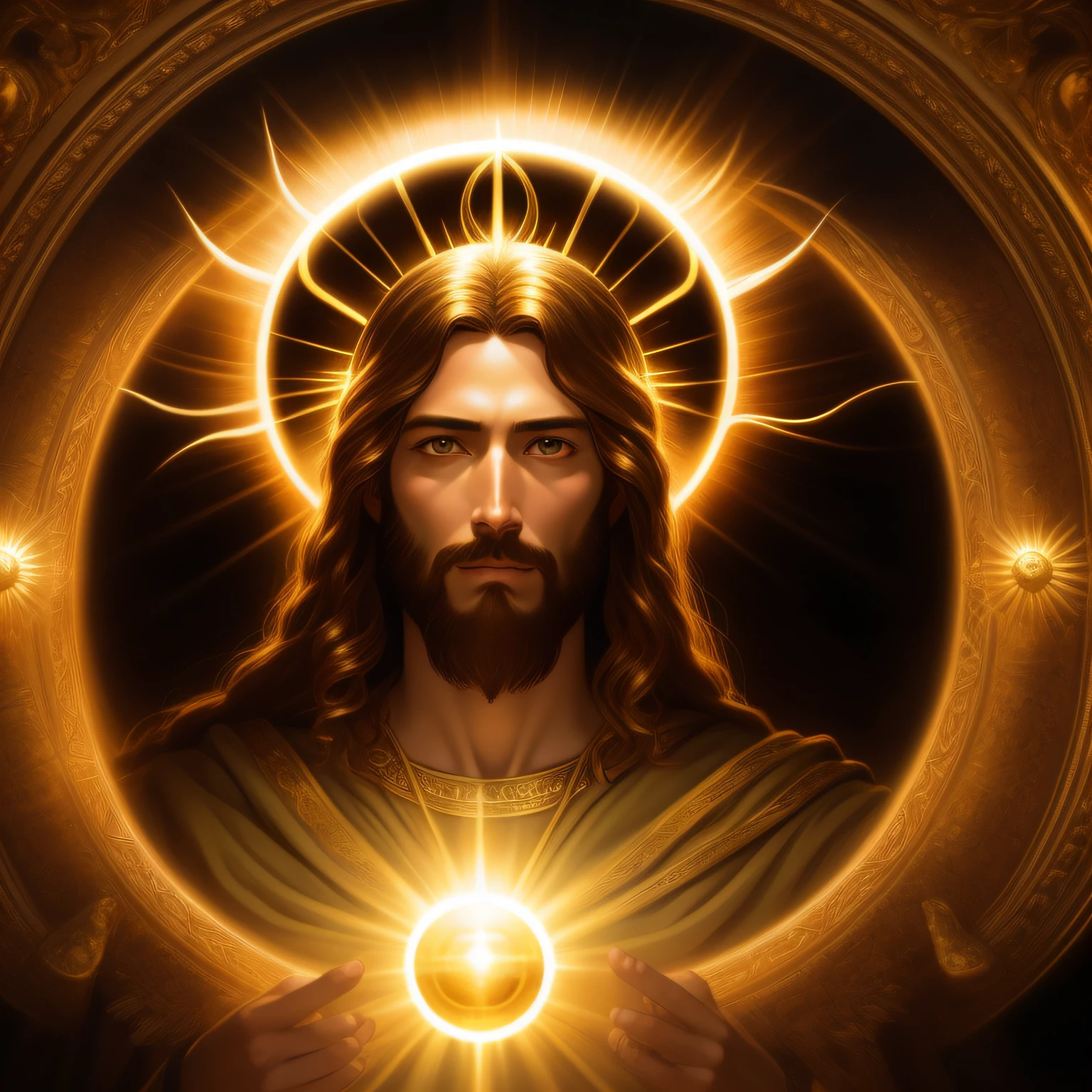 highly detailed portrait of a jesus christ sun god halo of light, gold, unreal engine, art by mark ryden, lostfish, earl norem, global illumination, god rays, detailed and intricate environment, elden ring style