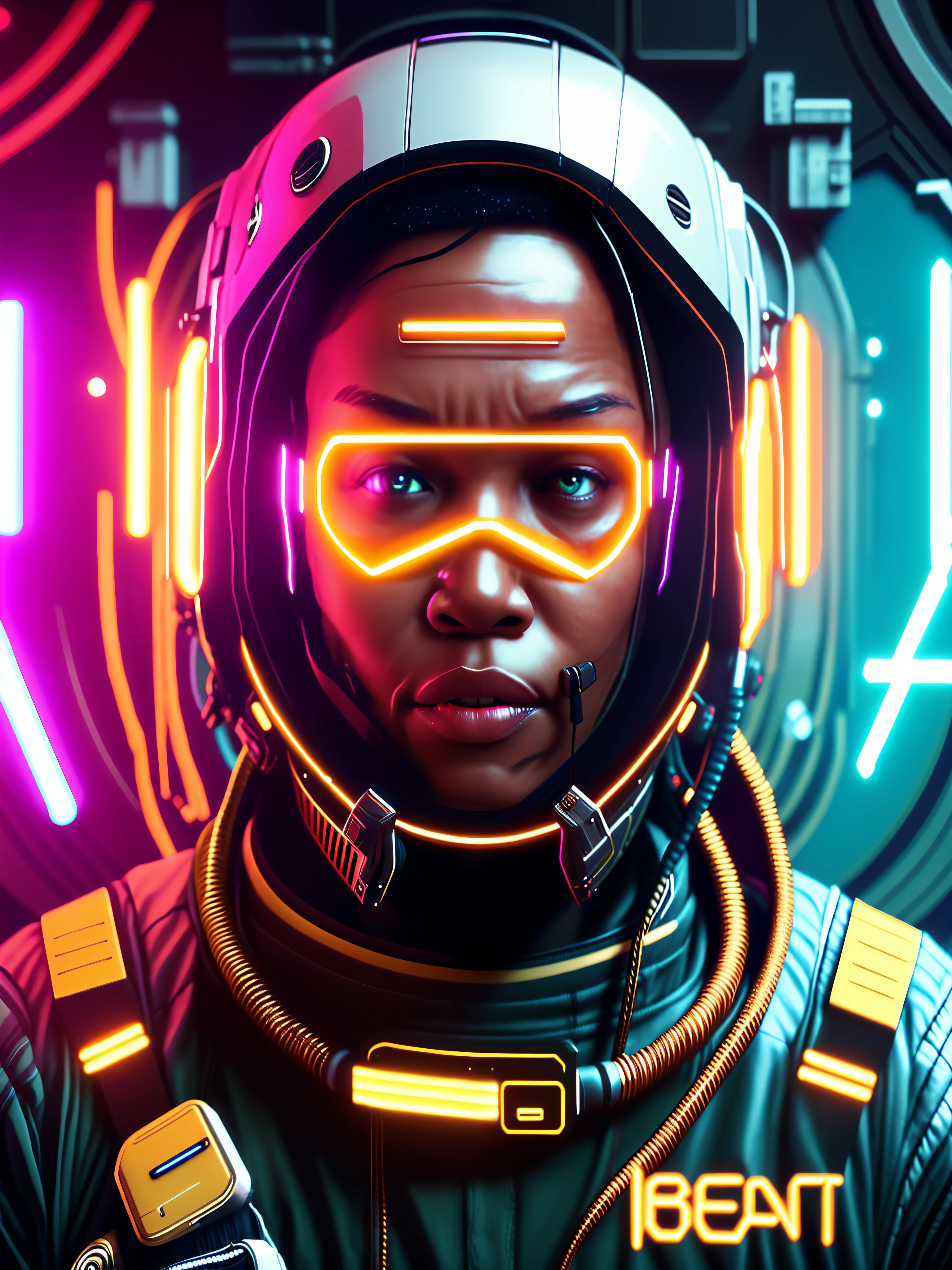 [((neon style:0.9+cyberpunk style:1.1) AND astronaut:1.3+space:1.1), close-up of the person:1.2+focus:1.1, golden helmet:1.4, giant ball in the center of the room, electronic device looking at the camera:1.1)] black skin