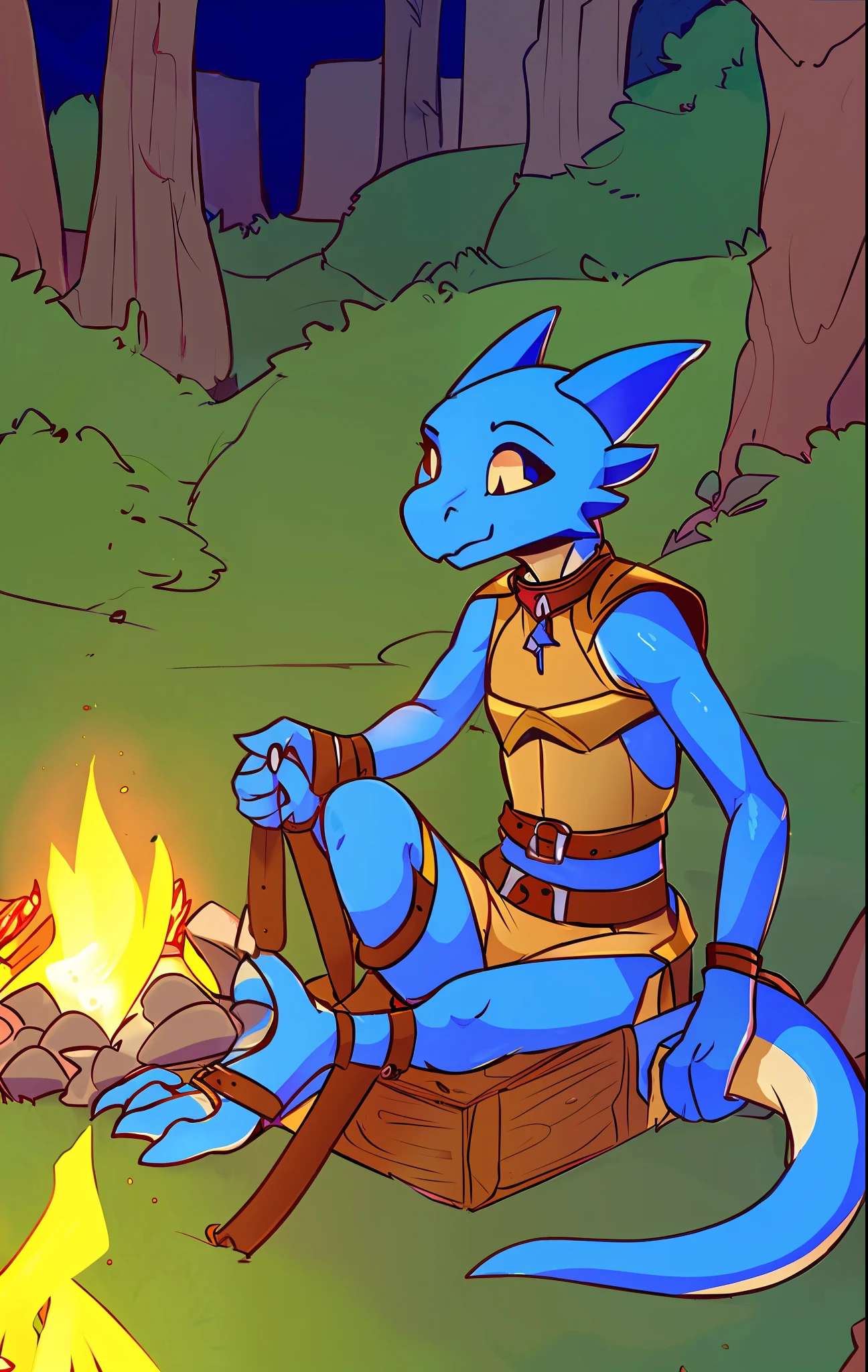 kobold anthro, blue body, male kobold anthro, by eiprel, highdetail, medieval armor, sitting around campfire, night, forest background, vibrant colors, glossy, diffuse glow, slave collar, leather cuffs, straps, buckles,