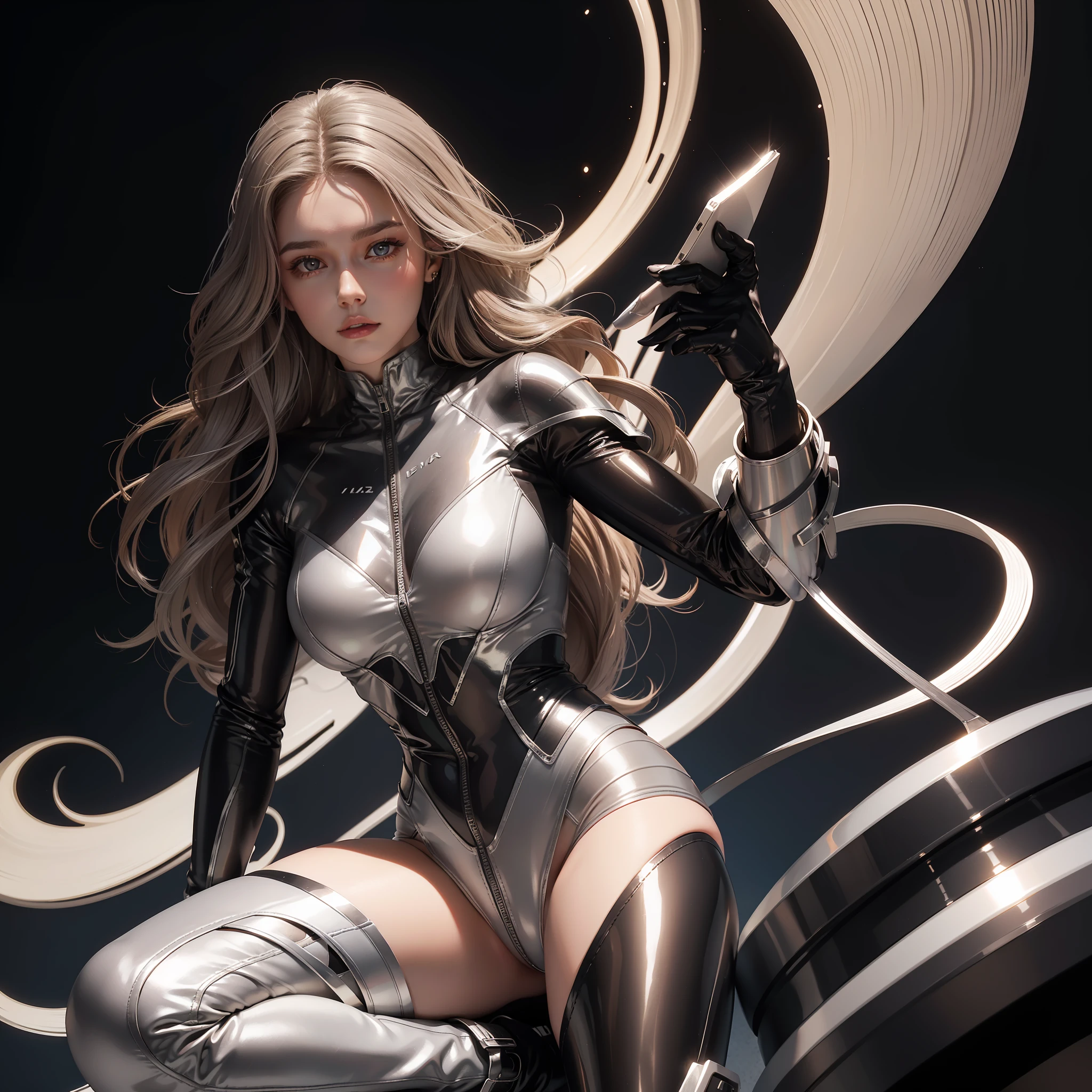 White woman, brown eyes, light brown wavy hair, wearing a black bodysuit with silver mugler style details, silver high boots, silver nails, with silver outlined, good art, 8k, well done art, good graphs, good quality, masterpiece, best quality, ultra-detailed, illustration, silver details