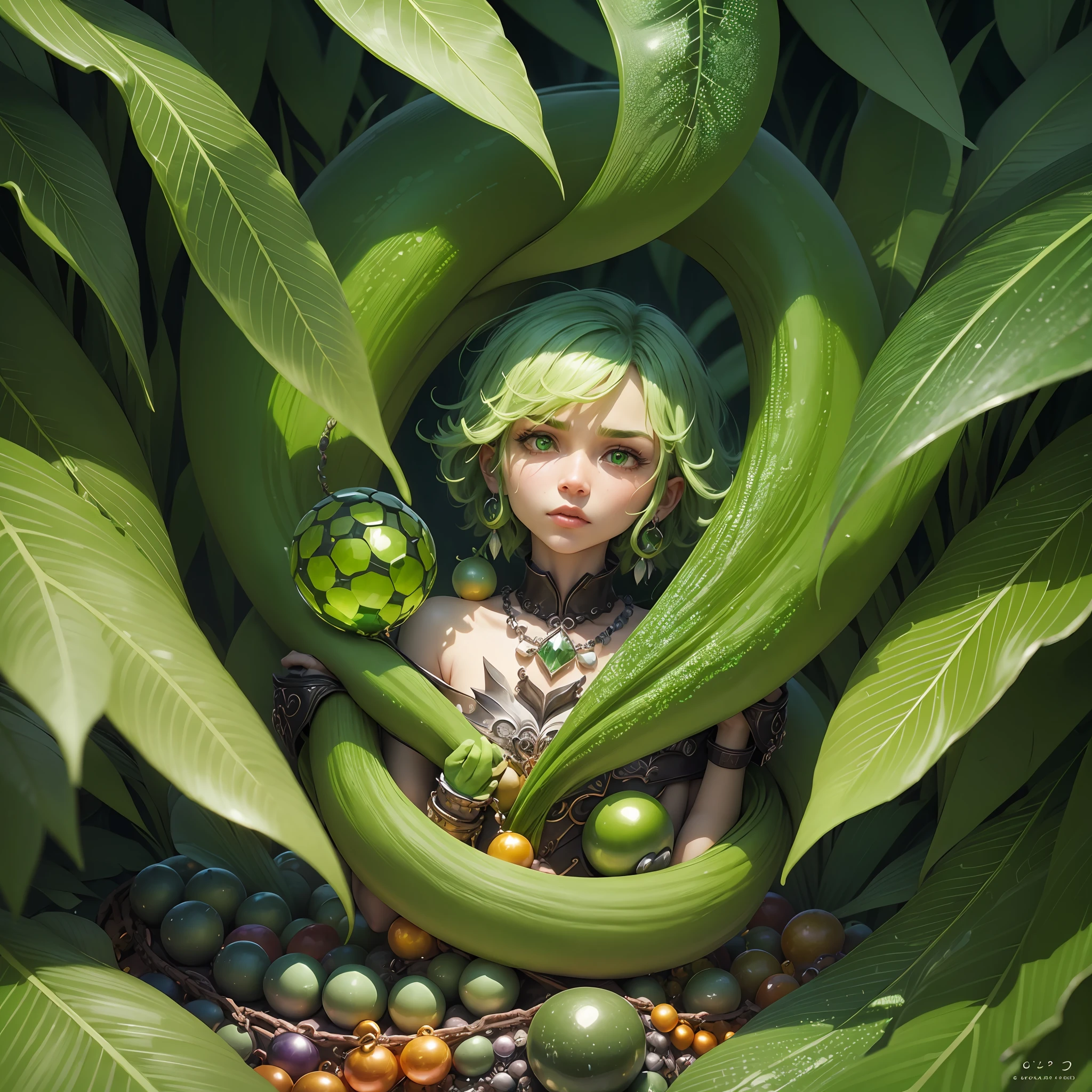 (Green characters with a strong contrast of greed) standing in a vibrant green backdrop, holding precious gems but struggling to hold onto them and each other. --auto --s2