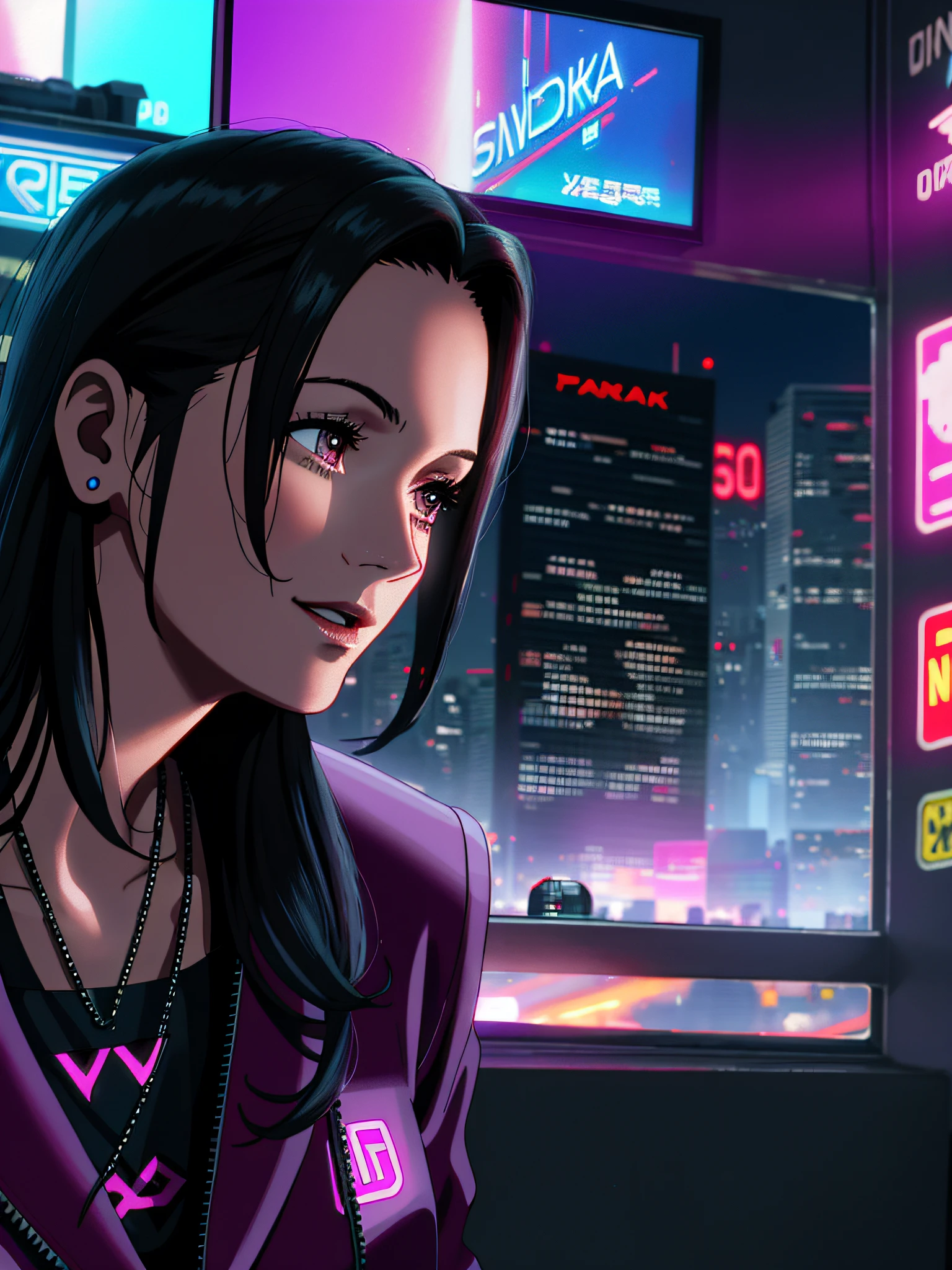 young Linda Carter, laughs, (looking from sneaker to the camera: 1.4), close-up, (night: 1.4), night light, dark, hdr, detailed face, profile vision, detailed skin, (low light: 1.3), cinematic, dramatic, (cyberpunk megapolis:1.3), neon light, deep neckline