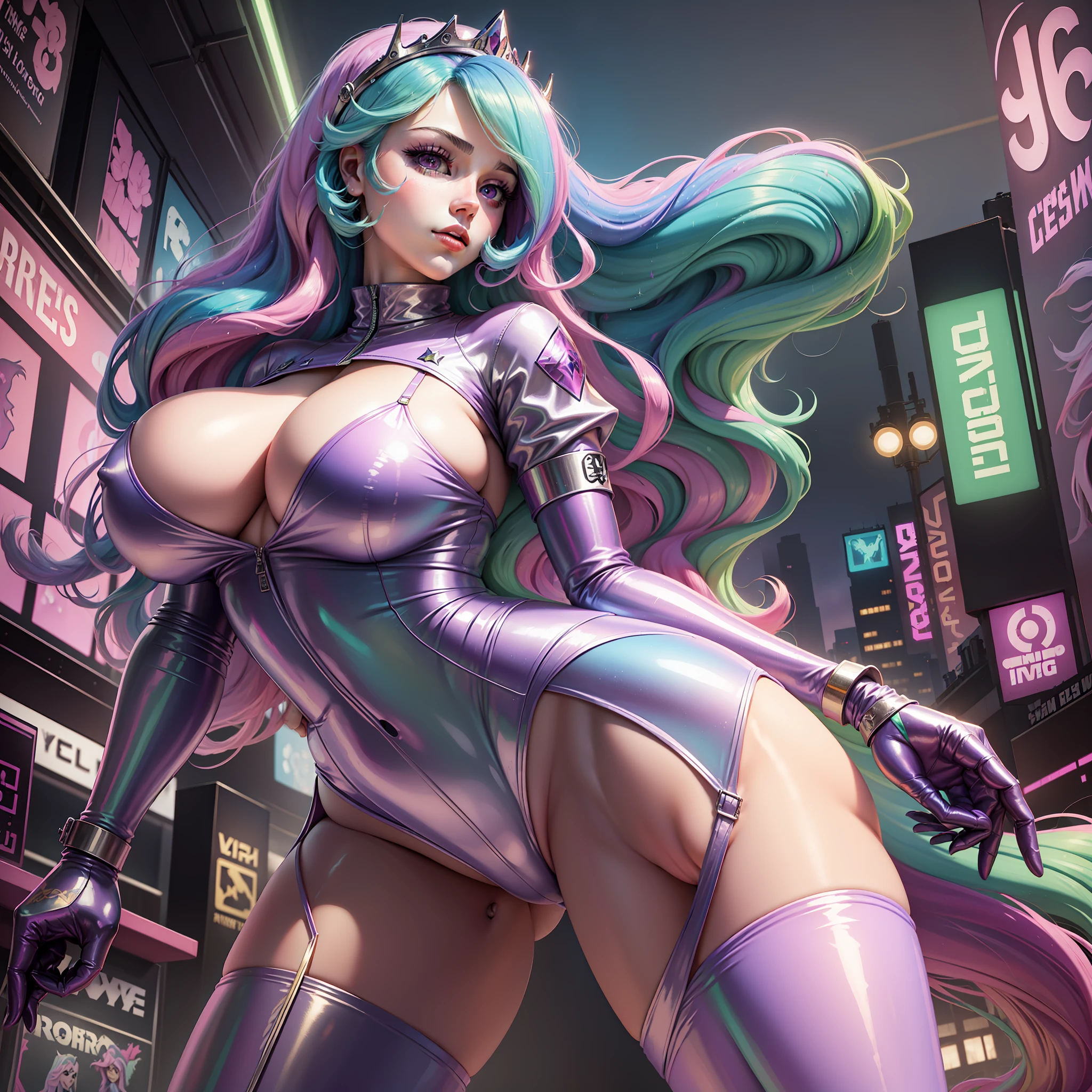 Princess Celestia, Princess Celestia from my little pony, Princess Celestia in the form of a girl, long hair, lush hair, big breasts, voluminous breasts, elastic breasts, cyberpunk, latex suit, big metropolis, future, motorcycle, neon lights