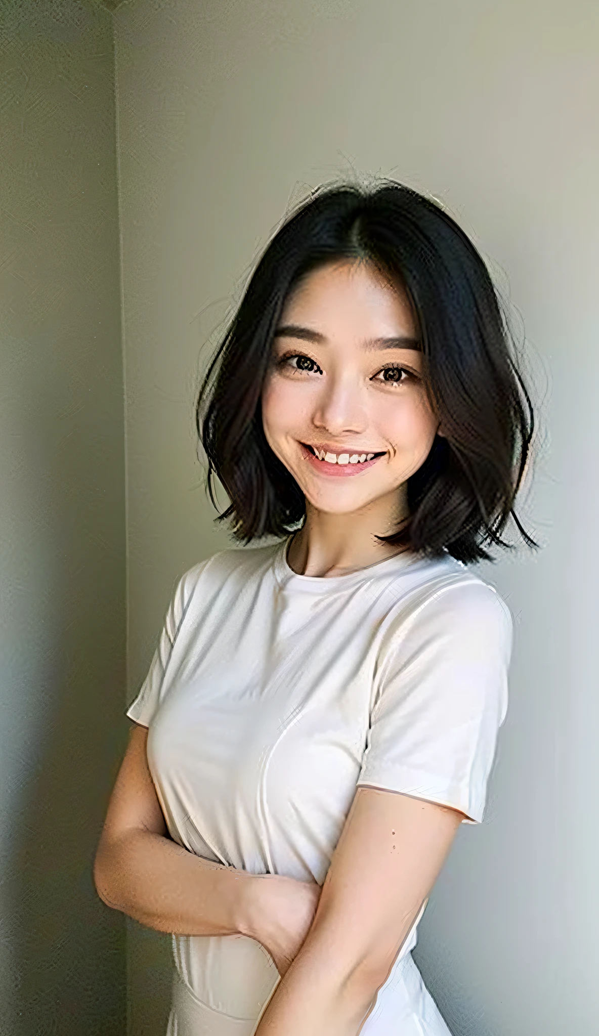 (8k, top quality, masterpiece: 1.2), (realistic, photorealistic: 1.37), super detailed, beauty, cute, solo, standing, (smile: 1.15), (closed mouth), black hair, fine beautiful eyes, big, nurse, (short hair: 1.2), floating hair NovaFrogStyle, room without windows, white background, no shadows, full body, smile, oblique face, both arms reflected, Full head shown, people cropped, face illuminated
