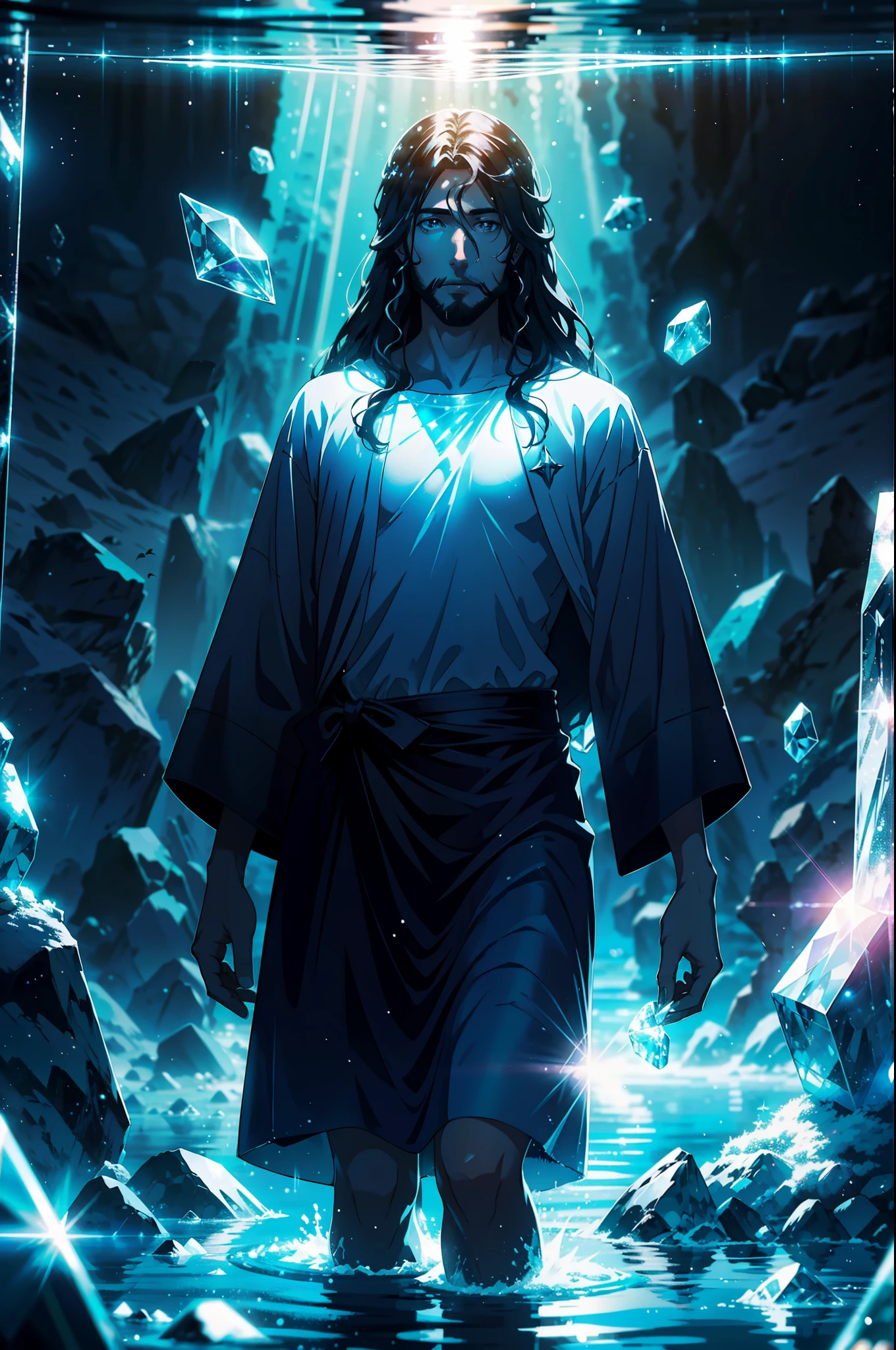 jesus in his divine form, walking on water, crystals of light around the body, little lighting scenery, well detained, high quality