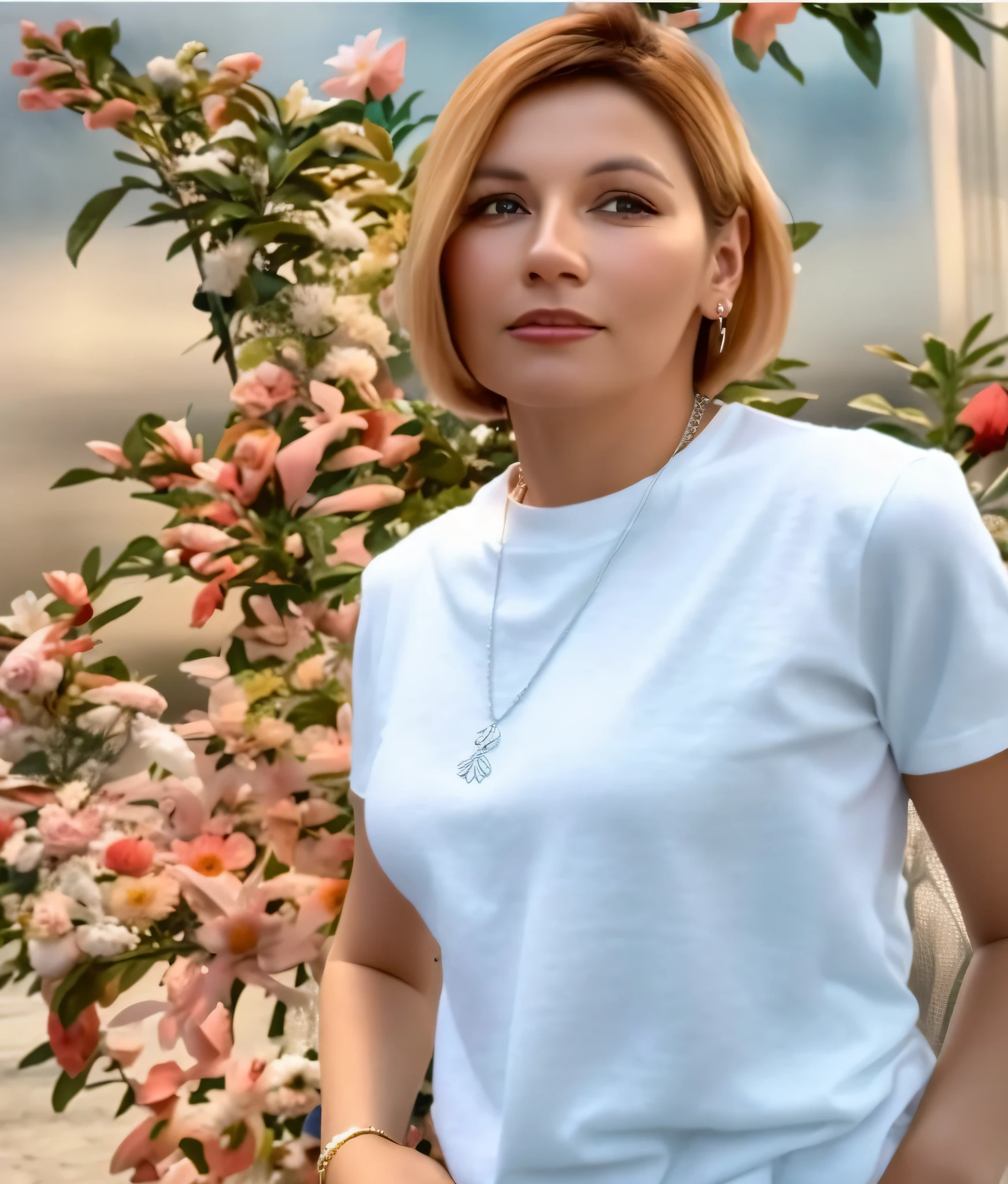 There is a woman in front of a tree with a necklace, Magda Torres Gurza, Lorena Avarez, profile picture, by Nándor Katona, photo by Džesika Devic, taken in early 2020, dressed in a white T-shirt, Magdalena Radziej, pillar. It creates an image of a 40-year-old woman in Paris with a landscape of the Eiffel tower, beautiful trees and beautiful flowers. The woman is elegantly dressed in cold attire, has short, blonde hair. looking left --auto --s2