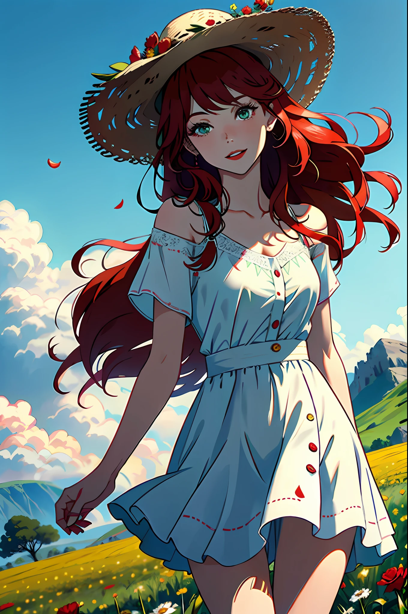 high quality digital art, happy, red lips, red hair fire red, long, long hair long to the floor, bangs, smooth bangs covering part of the face, emerald green eyes, tanned white skin, red nails, perfect face, flawless, clean, masterpiece, (((sharp))) ((focus)) (instagram) (8k) masterpiece, beautiful ice white dress, delicate stroke, makeup, flushed, digital painting, outside, field of flowers,  highly detailed light, cinematic light, high quality, a digital painting masterpiece, best quality, absurdly high resolution, mountains, windy day, rose petals, straw hat, overcast sky, sun, wind, flowers, detailed background, large field, rustic feel, intricate details, brightness, bright hair, red hair, loose hair, lustrous skin, dynamic vibration, windblown hair, a girl