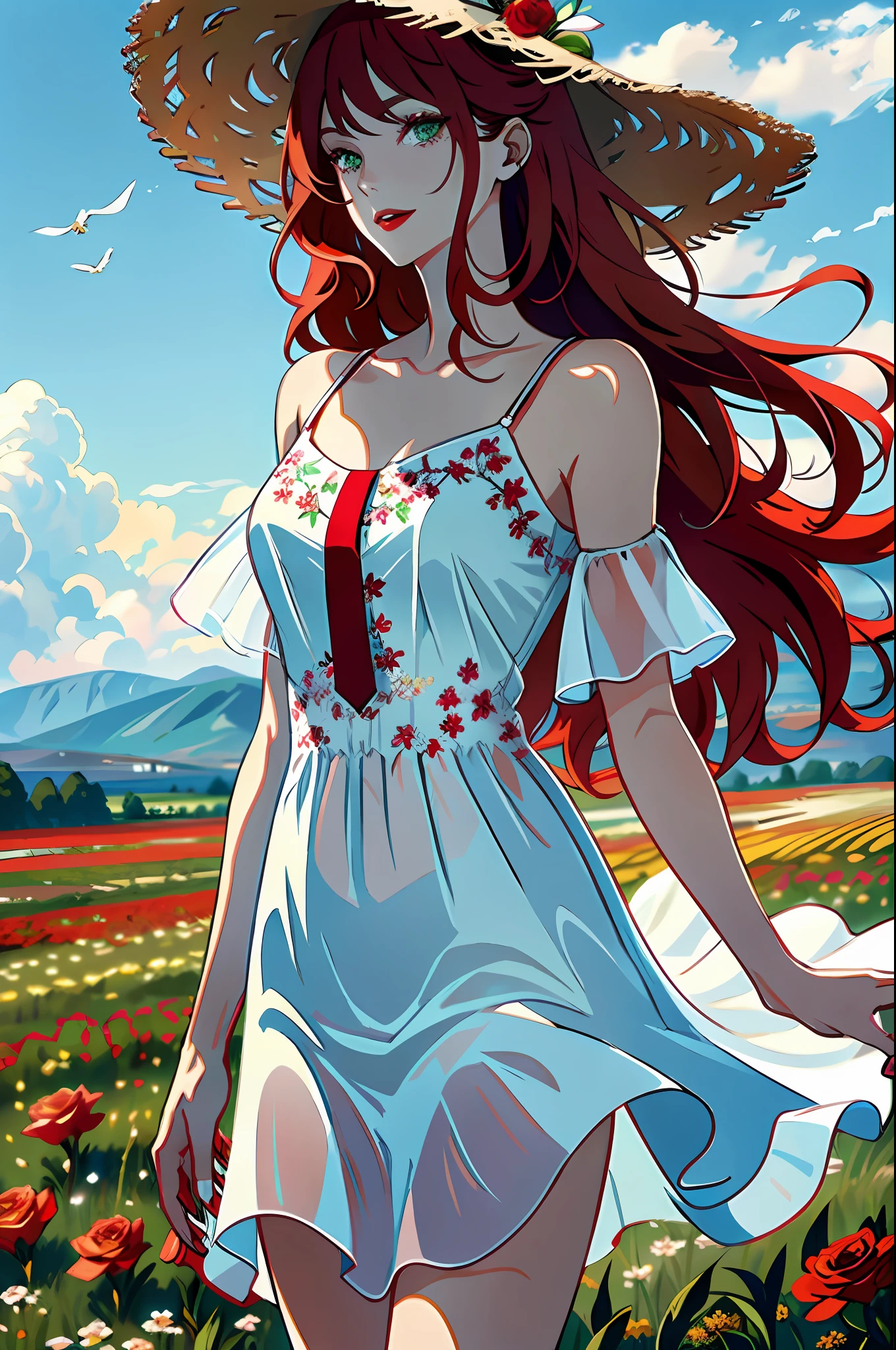 high quality digital art, happy, red lips, red hair fire red, long, long hair long to the floor, bangs, smooth bangs covering part of the face, emerald green eyes, tanned white skin, red nails, perfect face, flawless, clean, masterpiece, (((sharp))) ((focus)) (instagram) (8k) masterpiece, beautiful ice white dress, delicate stroke, makeup, flushed, digital painting, outside, field of flowers, highly detailed light, cinematic light, high quality, a digital painting masterpiece, best quality, absurdly high resolution, mountains, windy day, rose petals, straw hat, overcast sky, sun, wind, flowers, detailed background, large field, rustic feel, intricate details, brightness, bright hair, red hair, loose hair, lustrous skin, dynamic vibration, windblown hair, a girl