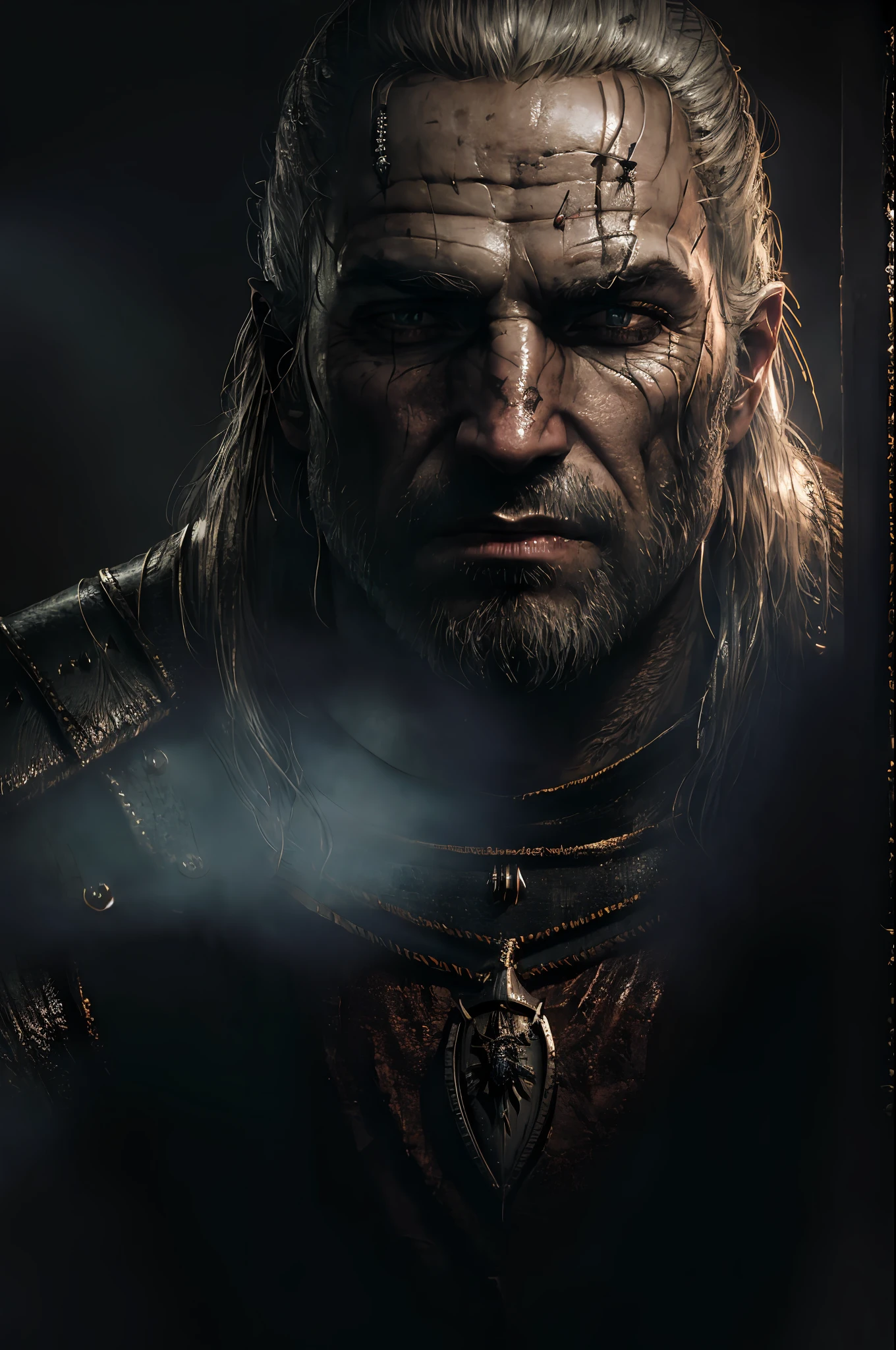 The witcher 3, Gerald portrait (closeup) of rivia, realistically, dynamic lights, old, full footage, (extremely detailed 8k wallpaper of CG unit), trend in ArtStation, trend in CGSociety, high detail, sharp focus, dramatic, photorealistic