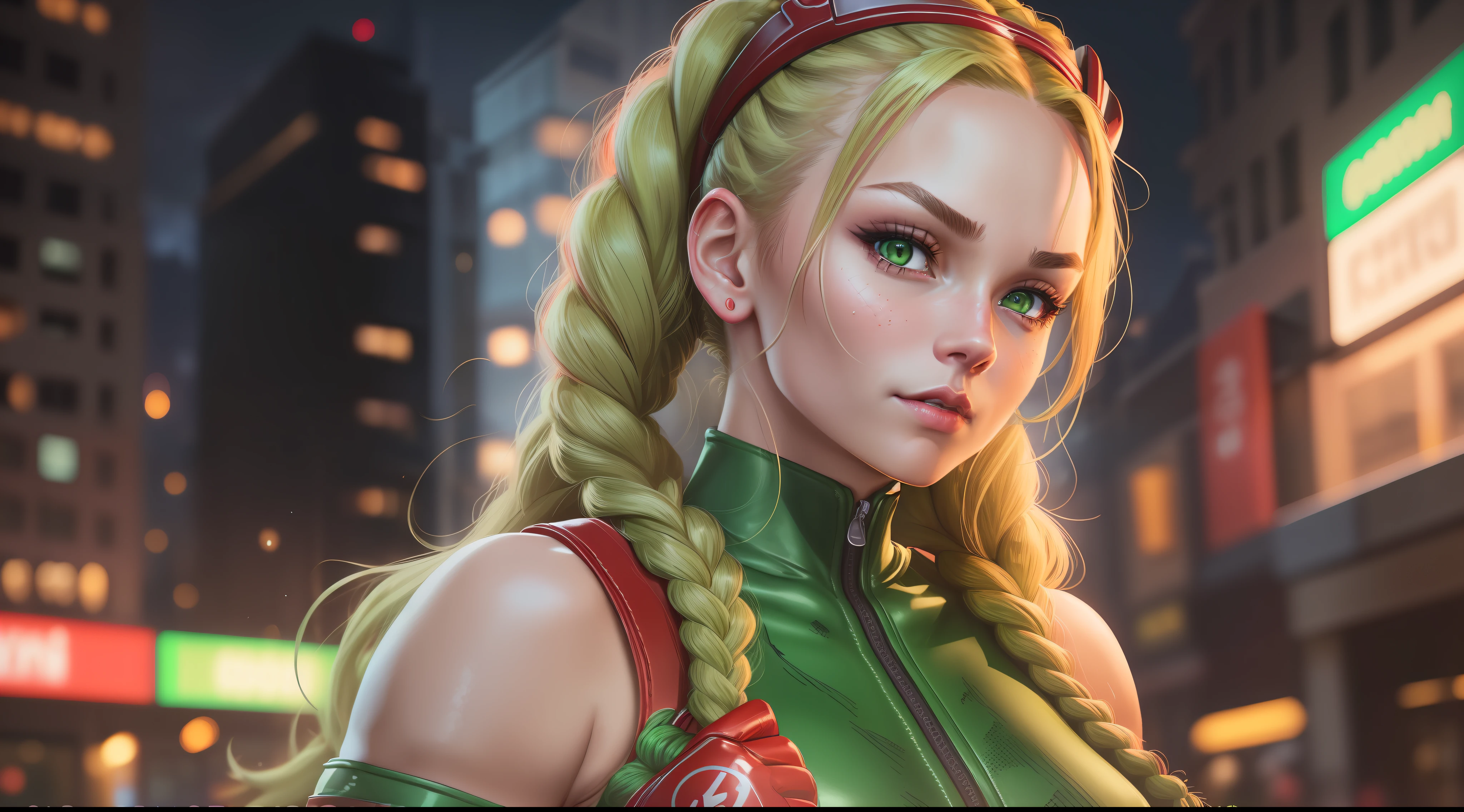 1 girl, caucasian, ((detailed face)), milf cammy from street fighter wear (leotard green), two braided braids, night street background, (arms behind back), (red gloves), (stands straight), looking at the camera, rendered in 8K resolution for high quality detail, 8K image quality, 8k high resolution image, hyper detailed, super realistic, intricate details