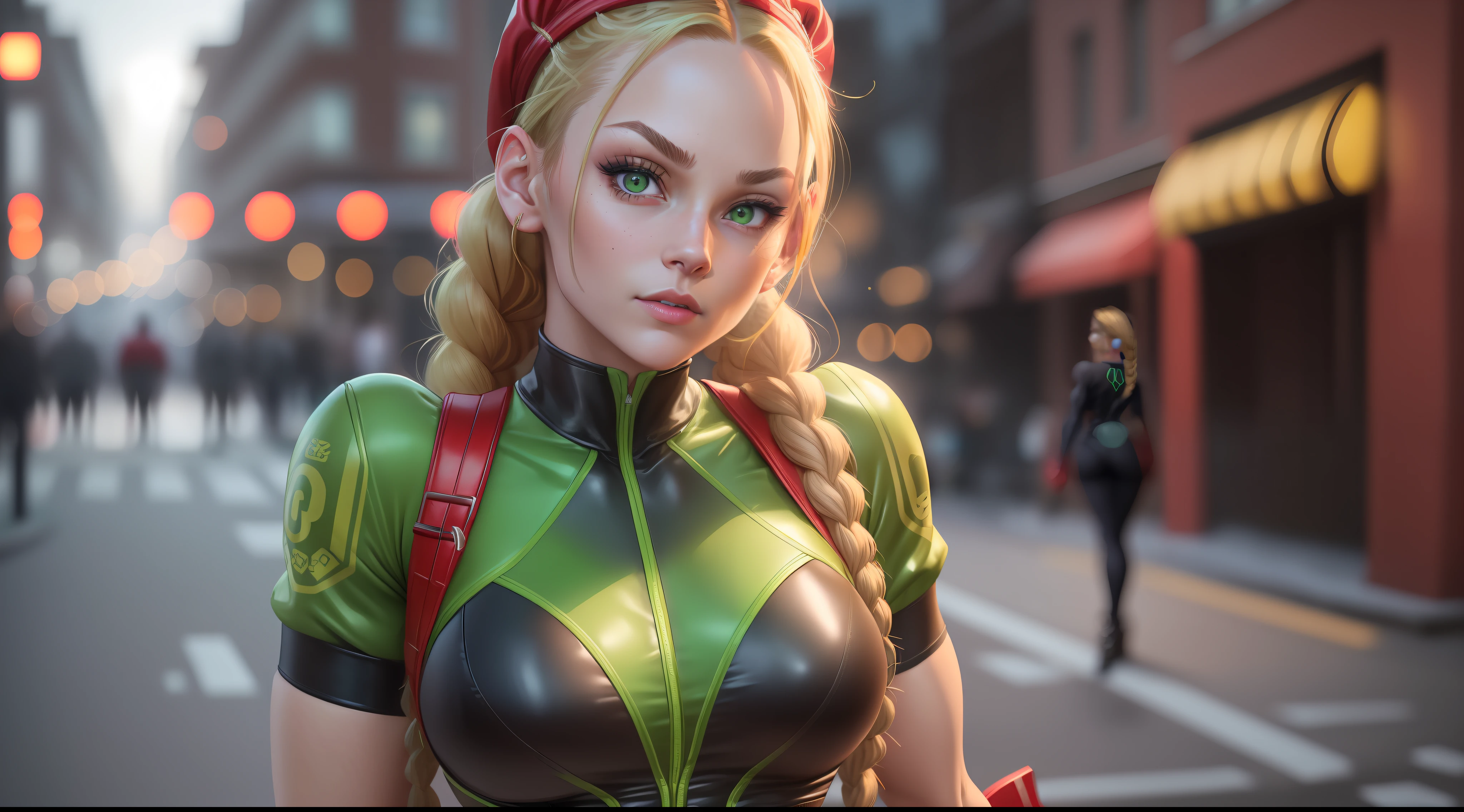 1 girl, caucasian, ((detailed face)), milf cammy from street fighter wear (leotard green), two braided braids, night street background, (arms behind back), (red gloves), (stands straight), looking at the camera, rendered in 8K resolution for high quality detail, 8K image quality, 8k high resolution image, hyper detailed, super realistic, intricate details