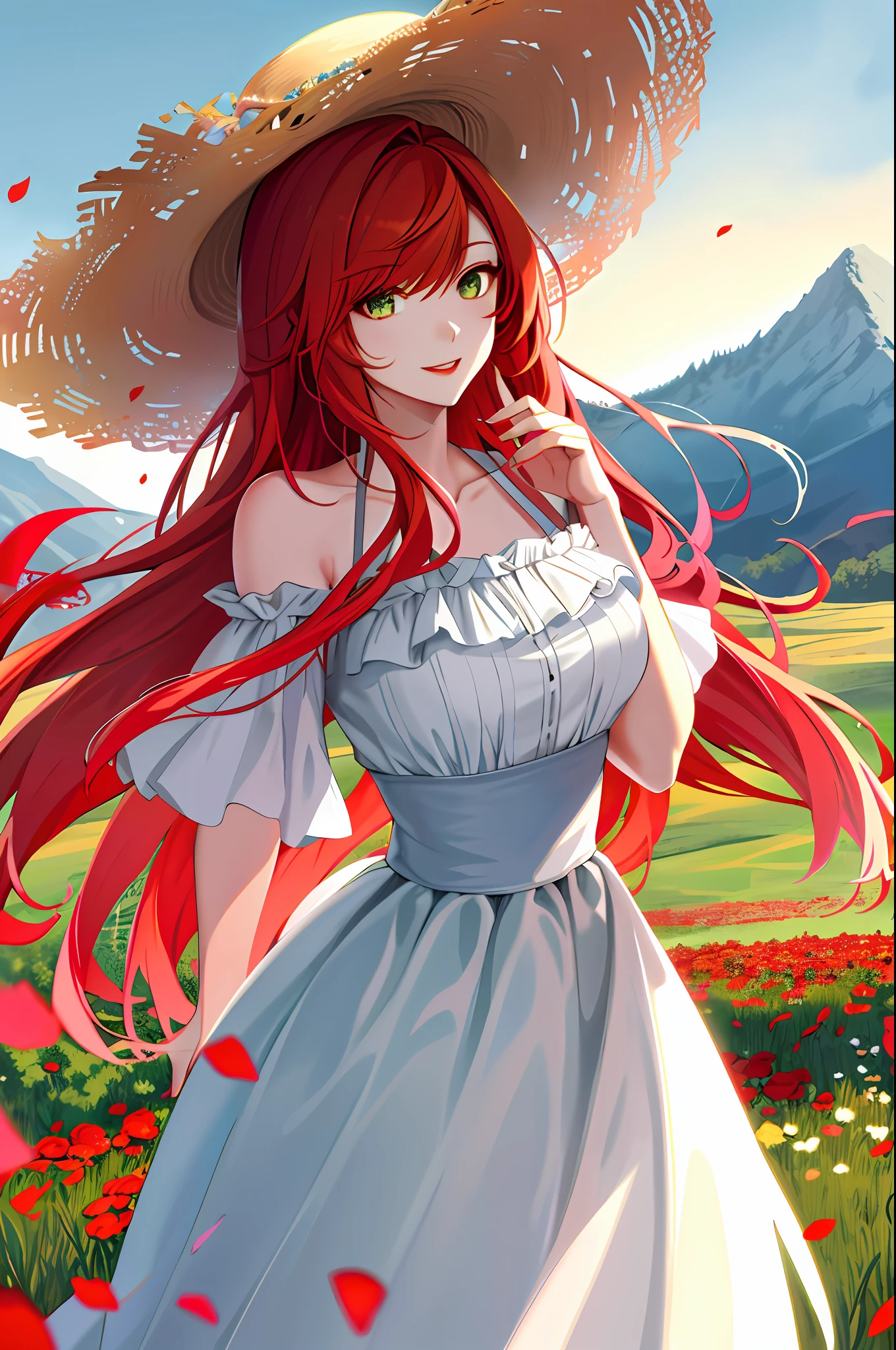 high quality digital art, happy, red lips, red hair fire red, long, long hair long to the floor, bangs, smooth bangs covering part of the face, emerald green eyes, tanned white skin, red nails, perfect face, flawless, clean, masterpiece, (((sharp))) ((focus)) (instagram) (8k) masterpiece, beautiful ice white dress, delicate stroke, makeup, flushed, digital painting, outside, field of flowers, highly detailed light, cinematic light, high quality, a digital painting masterpiece, best quality, absurdly high resolution, mountains, windy day, rose petals, straw hat, overcast sky, sun, wind, flowers, detailed background, large field, rustic feel, intricate details, brightness, bright hair, red hair, loose hair, lustrous skin, dynamic vibration, windblown hair, a girl