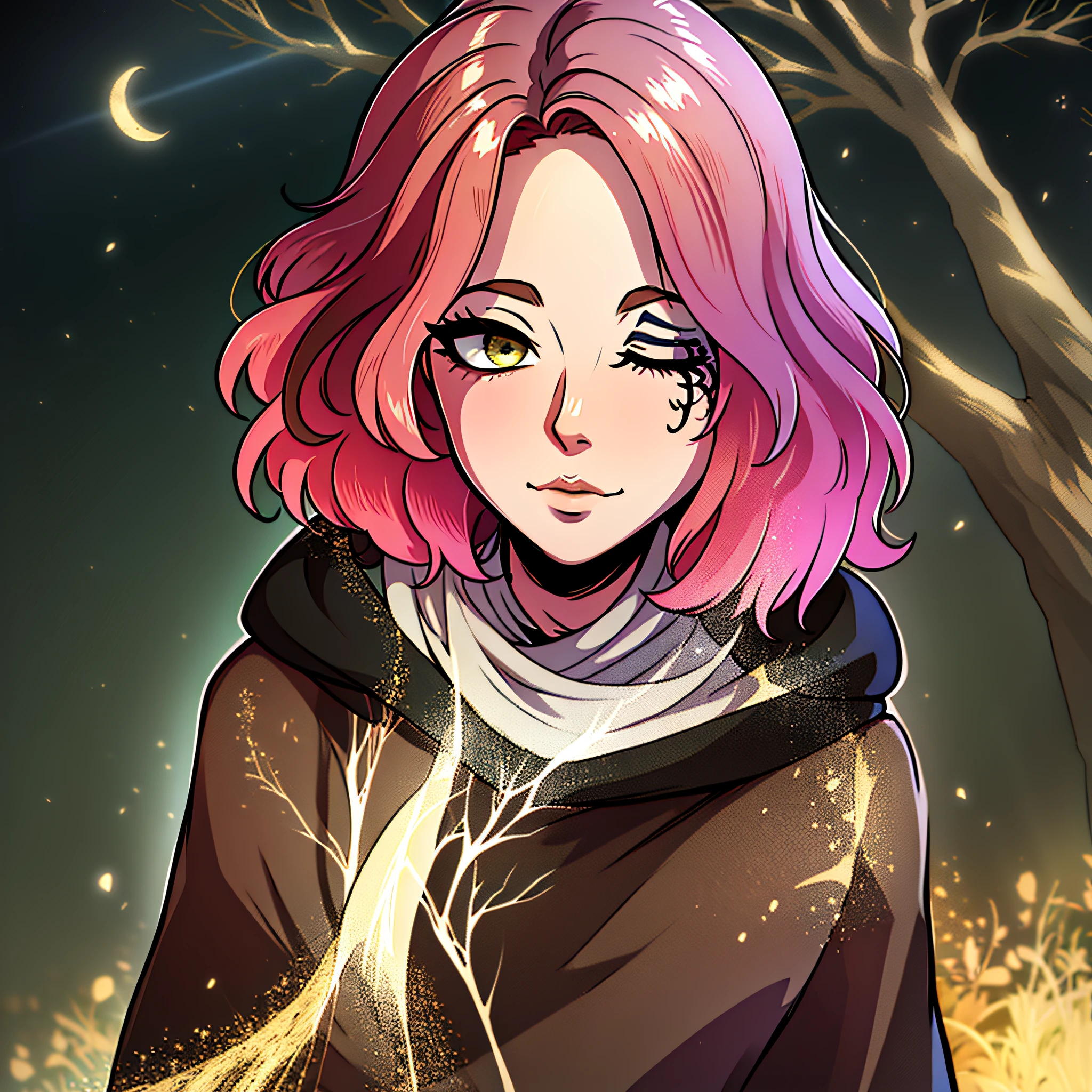 melina \(elden ring\), detailed background, ((night)), dark, erdtree in the distance, 1girl, black background, brown eyes, brown hair, cloak, green cloak, long sleeves, looking at viewer, one eye closed, short hair, solo, standing, tree, solo, yellow eyes, (pink hair:0.7), facial tattoo, expressionless, :|, tottoo on eye, eye scar , ((masterpiece)), portrait, golden, gold, divine