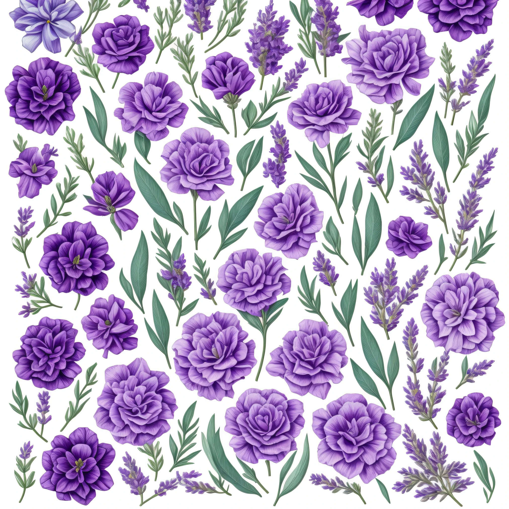 Lavender flowers are cut from paper and placed on a white surface, lavender flowers, 5 colors maximum design, lavender plants, highly stylized, herbs, flowers and foliage, herbs and flowers, stylized vegetation, sage, digitally painted, violet flowers, sage, very stylized, herbs, purple and green foliage, flowers, drawn image, wallpaper, color definition --auto --s2