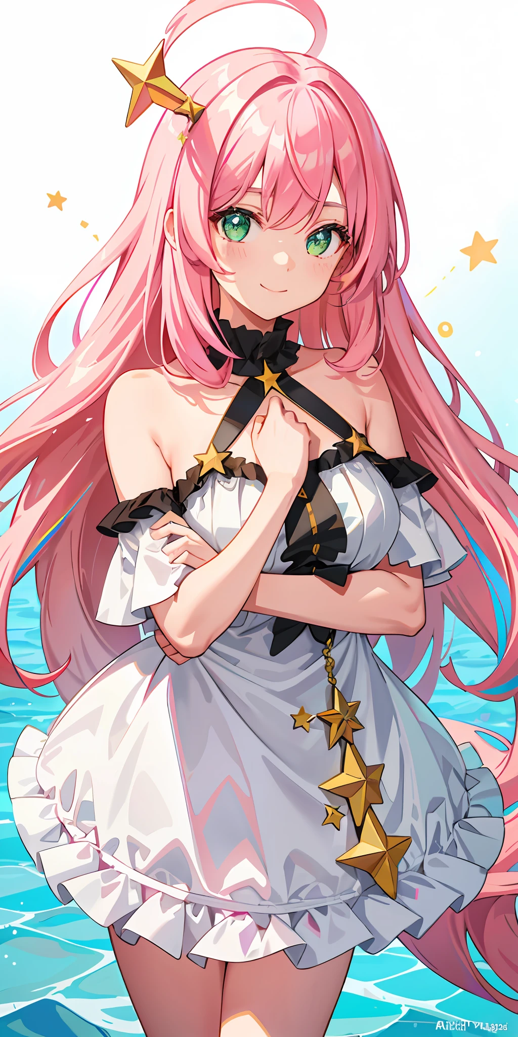 1girl, bright, pink hair, long hair, star motif, multicolored hair, green eyes saleme, head mask, side light, light particles, wallpaper, big, plump, idol, swimsuit, loose fluffy, quiet, smile, gentle, clear, 