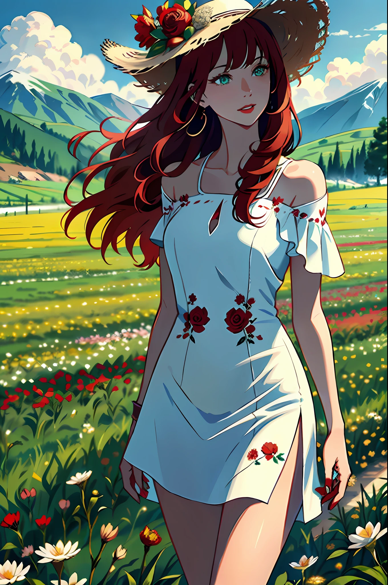 high quality digital art, happy, red lips, red hair fire red, long, long hair long to the floor, bangs, smooth bangs covering part of the face, emerald green eyes, tanned white skin, red nails, perfect face, flawless, clean, masterpiece, (((sharp))) ((focus)) (instagram) (8k) masterpiece, beautiful ice white dress, delicate stroke, makeup, flushed, digital painting, outside, field of flowers, highly detailed light, cinematic light, high quality, a digital painting masterpiece, best quality, absurdly high resolution, mountains, windy day, rose petals, straw hat, overcast sky, sun, wind, flowers, detailed background, large field, rustic feel, intricate details, brightness, bright hair, red hair, loose hair, lustrous skin, dynamic vibration, windblown hair, a girl
