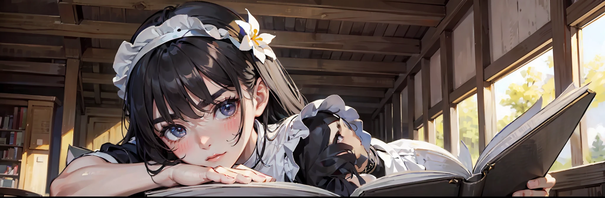 (masterpiece, best quality:1.2), (bright skin:1.2), {indoors|outdoors}, {day|night}, {upper body|cowboy shot}, black hair, maid, dark gray hair, dark gray eyes, maid headband with white flower, obedient, light blush, 8k, 4k, Reading a book intently, immersed in a book, accurate anatomy, two hands, thick eyebrows, mischievous eyes