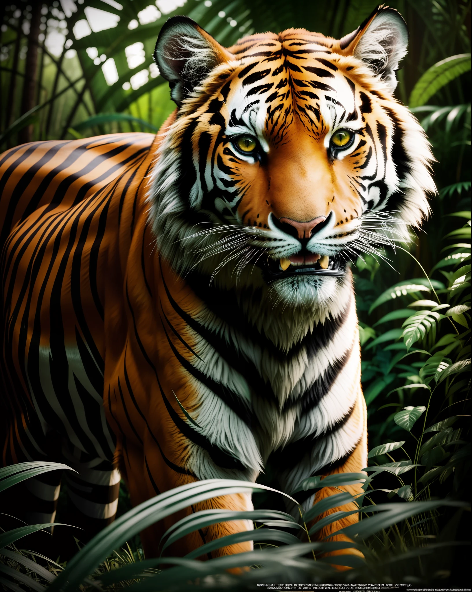 (extremely detailed CG artwork, best quality), tiger, majestic, fierce, large predator, golden orange fur, black stripes, piercing stare, snarling, ready to attack, in a jungle environment, lush green vegetation, sunlight filtering through leaves, dappled shadows, high contrast, powerful and dangerous, dark mood. ultra detailed, highly detailed scenario, photorealistic, intricate, masterpiece, UHD, HDR, symmetric, coherent, epic detail, stunning, beautiful, ,lumen render ,lumen path tracing ,path tracing light ,path tracing shadow ,path tracing special fx,