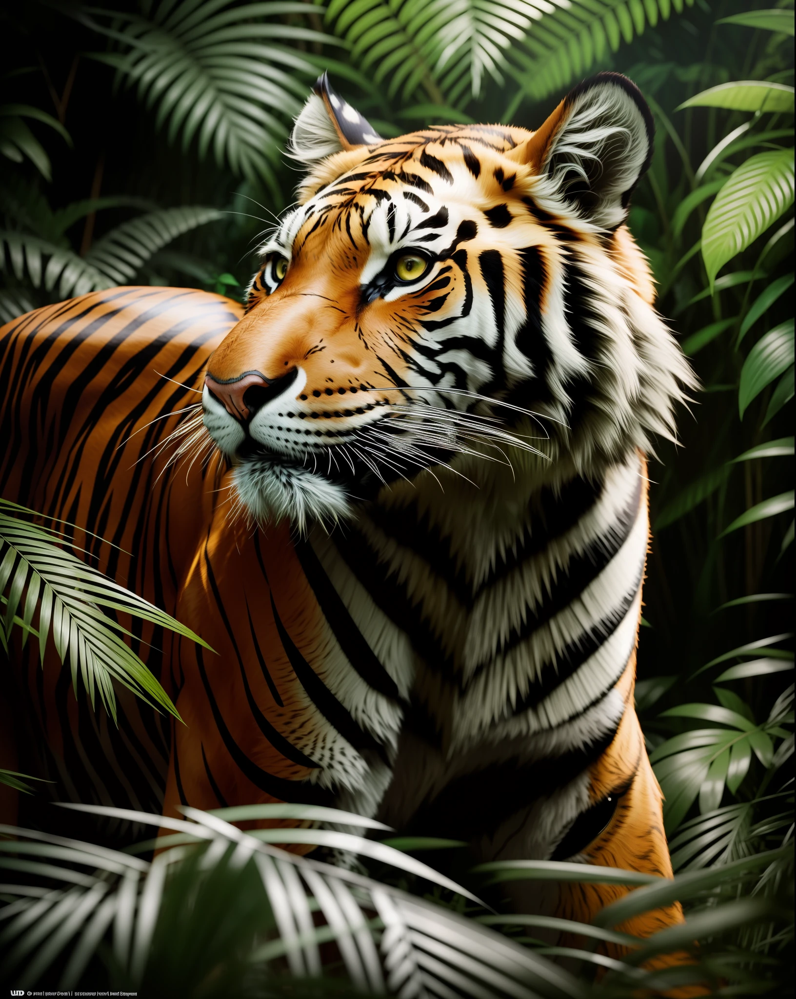 (extremely detailed CG artwork, best quality), tiger, majestic, fierce, large predator, golden orange fur, black stripes, piercing stare, snarling, ready to attack, in a jungle environment, lush green vegetation, sunlight filtering through leaves, dappled shadows, high contrast, powerful and dangerous, dark mood. ultra detailed, highly detailed scenario, photorealistic, intricate, masterpiece, UHD, HDR, symmetric, coherent, epic detail, stunning, beautiful, ,lumen render ,lumen path tracing ,path tracing light ,path tracing shadow ,path tracing special fx,