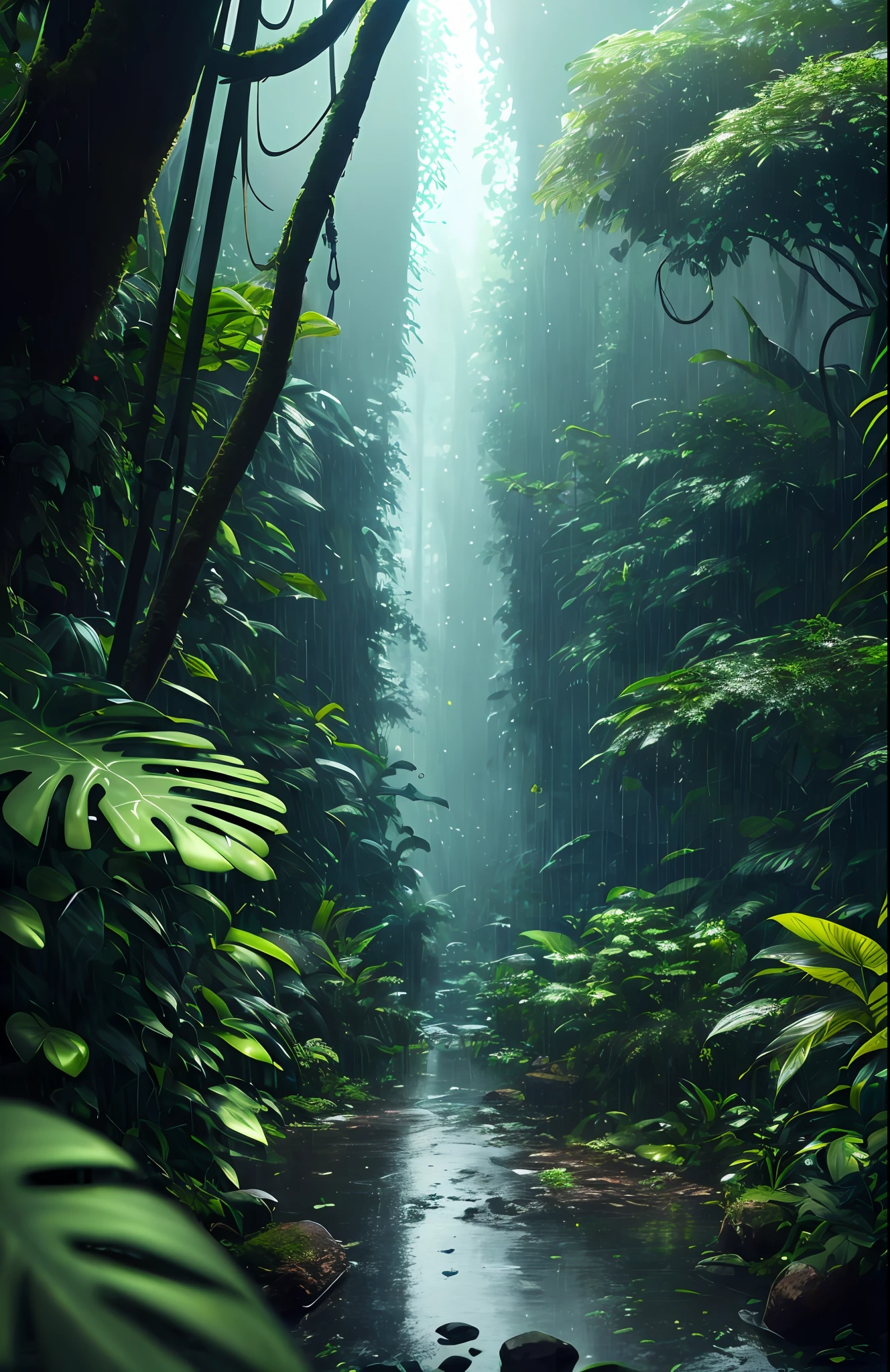 A jungle, with intense rainfall, monochromatic, vines all around, giant and wet trees, masterpiece, best quality, high quality, extremely detailed CG unity 8k wallpaper, oil paiting, award winning photography, Bokeh, Depth of Field, HDR, bloom, Chromatic Aberration ,Photorealistic,extremely detailed, trending on artstation, trending on CGsociety, Intricate, High Detail, dramatic, art by midjourney, volumetric lighting