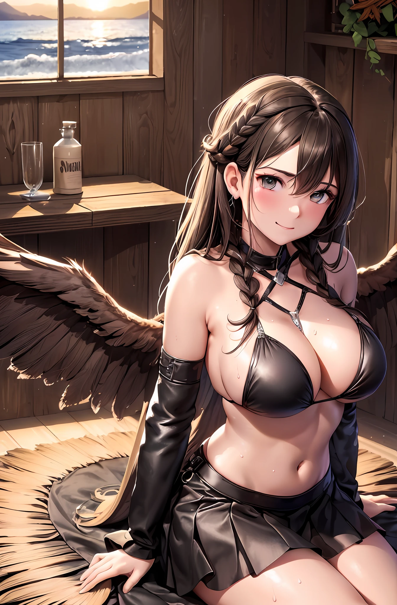 Top quality, ultra high resolution, (photorealistic: 1.4), big. On the back large wings. Brown hair in braids, long braided hair, black feathers on the back. Devil's wings. Close your eyes. Blush. In the room. Sweat. Kneeling. Get on your knees. Miniskirt. Bikini. Smiling face. Sea. Sunset beach.