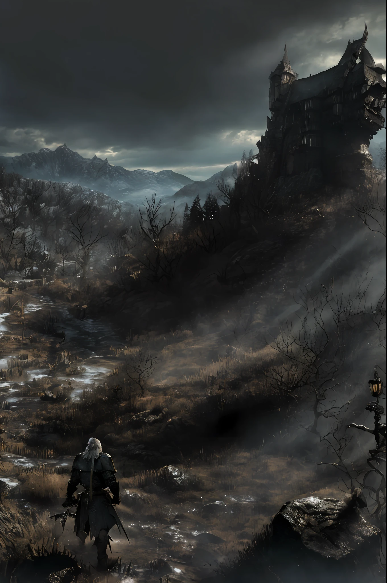 The witcher 3, Gerald of rivia, realistically, dynamic lights, old, full footage, (extremely detailed 8k wallpaper of the CG unit), imposing pose, perfect hands, four fingers and a thumb, trend in ArtStation, trend in CGSociety, high detail, sharp focus, dramatic, photorealistic.