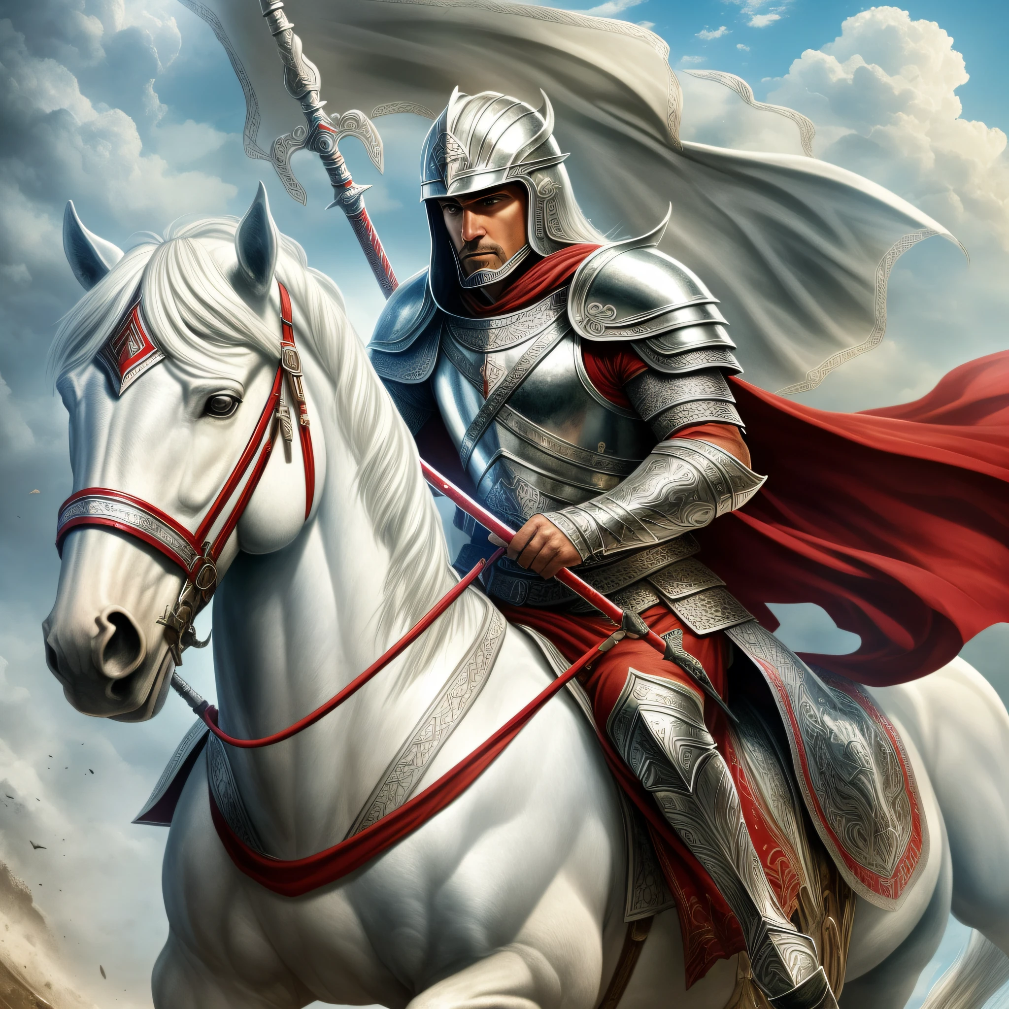 realistic image of a warrior saint jorge mounted on a white horse, with a spear in his hand, wearing a silver warrior's clothing with a silver helmet, with a red cape, killing a dragon --auto --s2