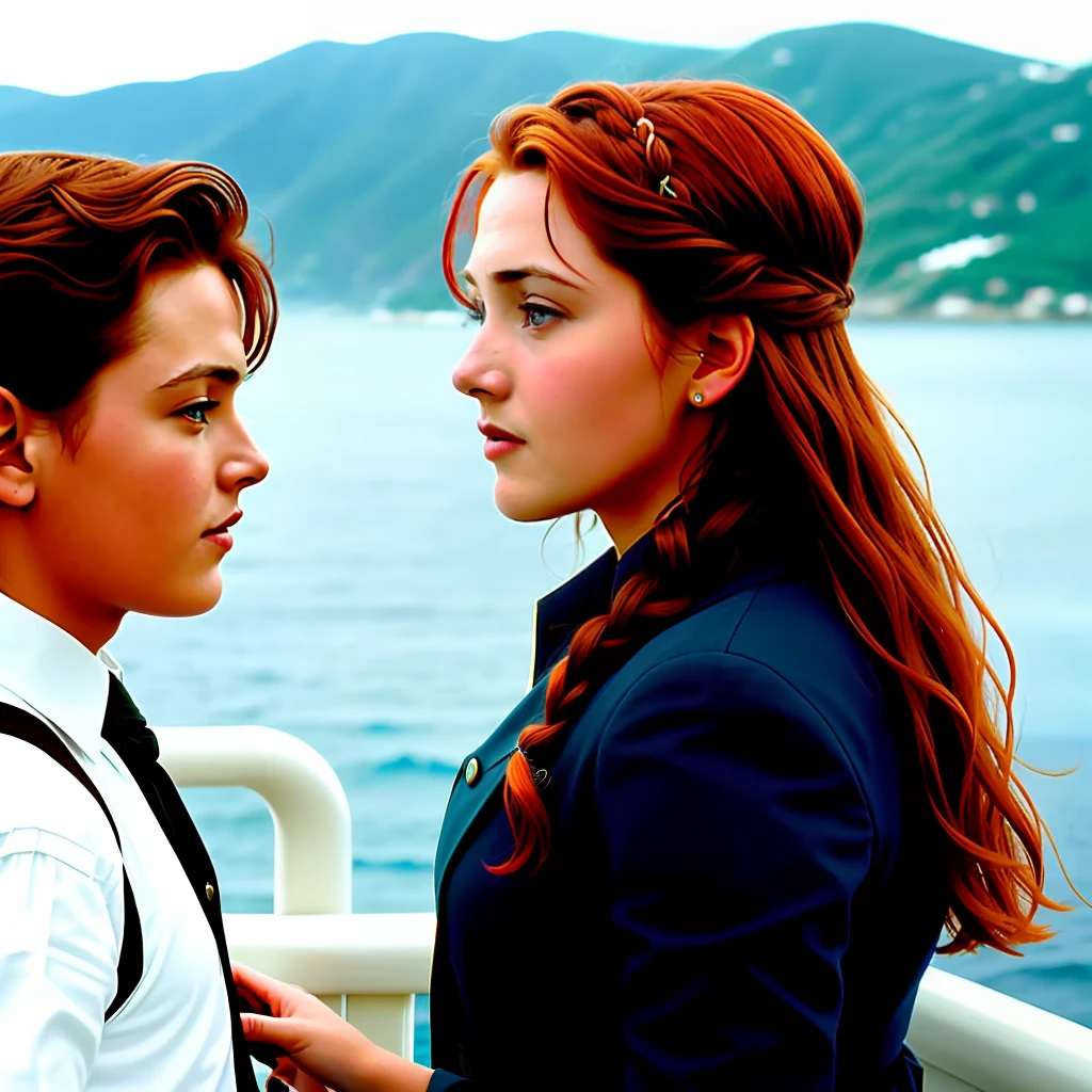 They young ingual in the movie titanic, red-haired Kate Winslet meets Leonardo DiCaprio while gazing out at the sea.