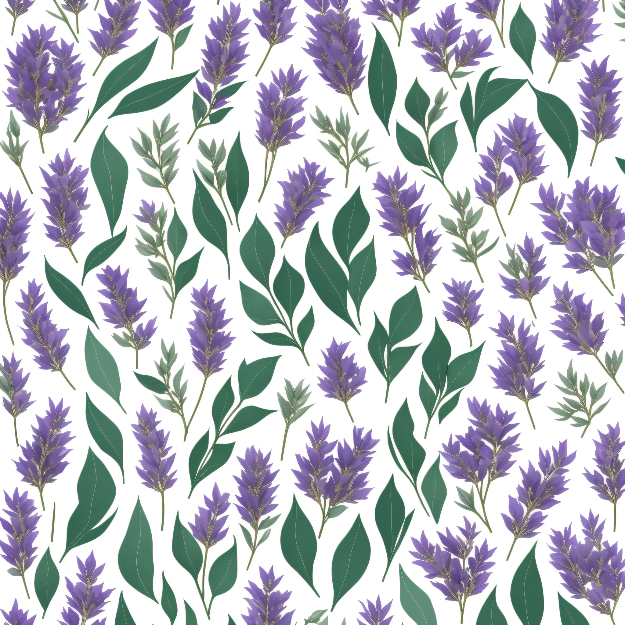 floral arrangement of lavender flowers, decorated with foliage of eucaplite leaves ((lavender and eucalyptus flowers )(cut from paper) and (placed on a white surface,) (5 colors maximum design,)) very stylized, herbs, flowers and foliage of eucalyptus, herbs and flowers, stylized vegetation, sage, digitally painted, violet flowers, herbs, flowers, drawn image,  wallpaper, color definition