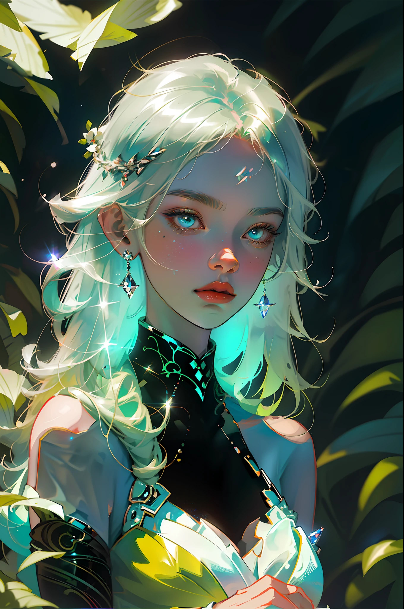 Masterpiece, best quality, super high resolution, character sheet, fluorescent color, blue and Green palete,
A young man, looking at the audience, beautiful face, beautiful eyes, (bare shoulder: 1.2), head up, upper body, forest, shiny hair, shiny skin, glowing cut, chibi, hands not shown: 1.5, black starlight clothe, particles