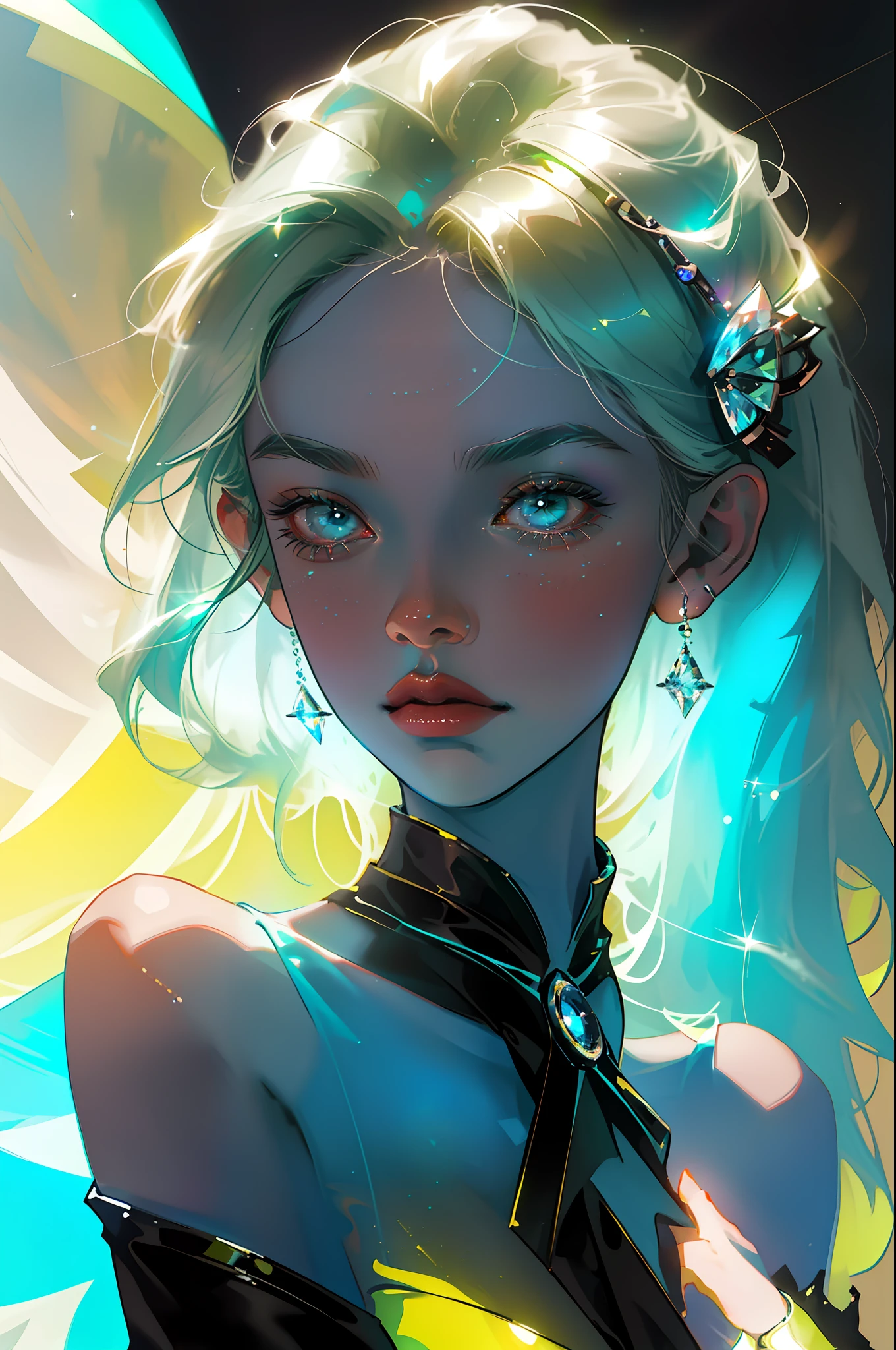 Masterpiece, best quality, super high resolution, character sheet, fluorescent color, blue and Green palete,
A young man, looking at the audience, beautiful face, beautiful eyes, (bare shoulder: 1.2), head up, upper body, forest, shiny hair, shiny skin, glowing cut, chibi, hands not shown: 1.5, black starlight clothe, particles