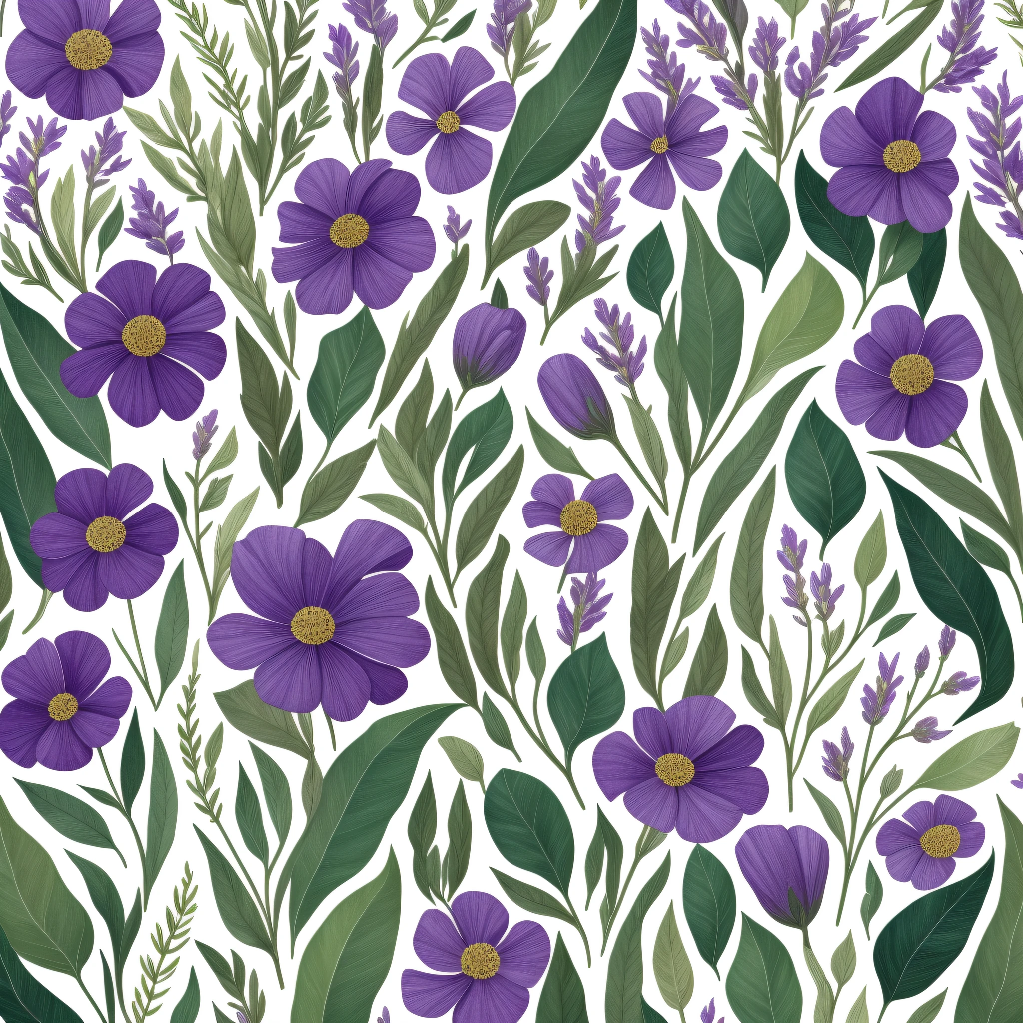 a painting of a bouquet of flowers with leaves, flowers and foliage, grass, sage, eucalyptus, botanical, botanical illustration, are cut from paper, placed on a white surface, 5 colors maximum sage, colored illustration, lavender, lavender flowers, color illustration, herbs and flowers, digitally painted style, violet flowers, sage, very stylized, herbs, flowers, image high detail illustration