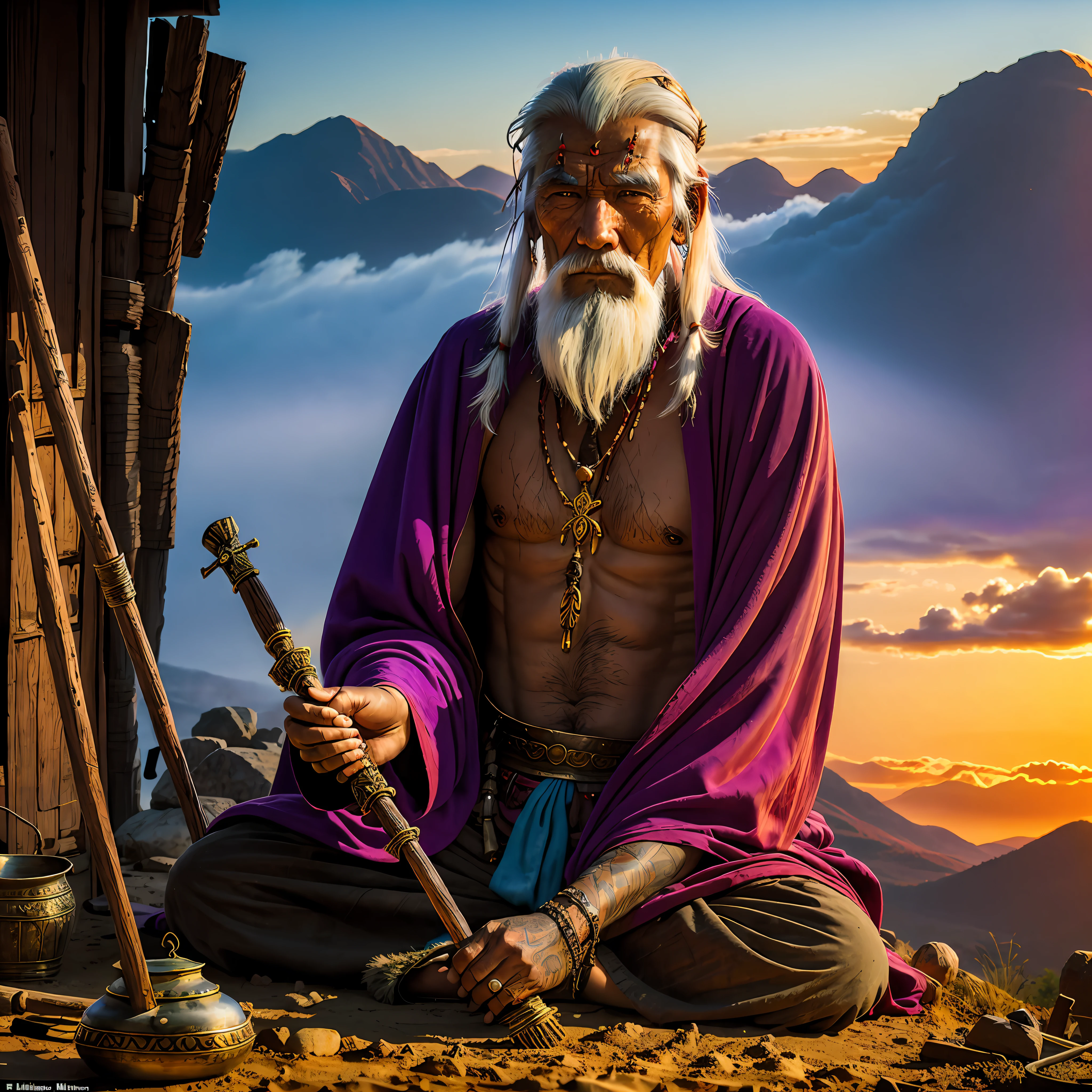 At dusk, the elderly white-haired Mongolian shaman sat cross-legged on the wasteland and looked into the distance, the incense burner in front of him emitted a mist that lingered around him, outside his body was a necklace of gold and animal bones, holding a magic weapon inlaid with purple gems, a scarlet cloak and prayer flags around him fluttering in the wind, and a group of children gathered around him in a panoramic view,