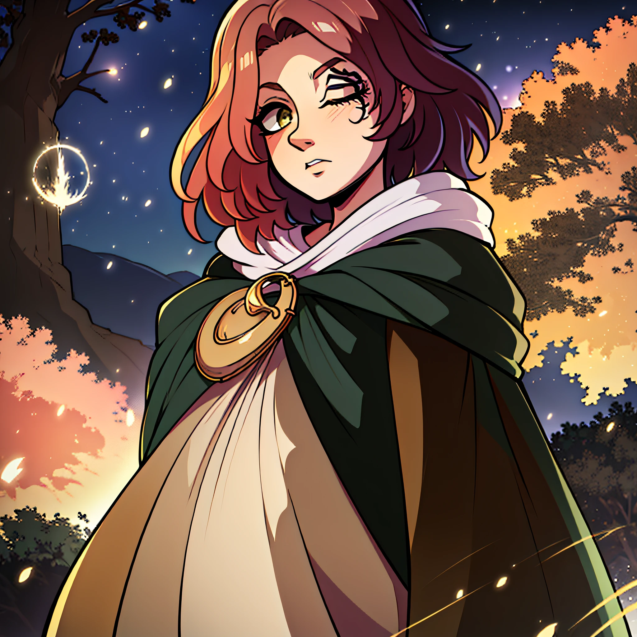melina \(elden ring\), detailed background, ((night)), dark, erdtree in the distance, 1girl, black background, brown eyes, brown hair, cloak, green cloak, long sleeves, looking at viewer, one eye closed, short hair, solo, standing, tree, solo, yellow eyes, (pink hair:0.7), facial tattoo, expressionless, :|, tottoo on eye, eye scar , ((masterpiece)), portrait, golden, gold, divine