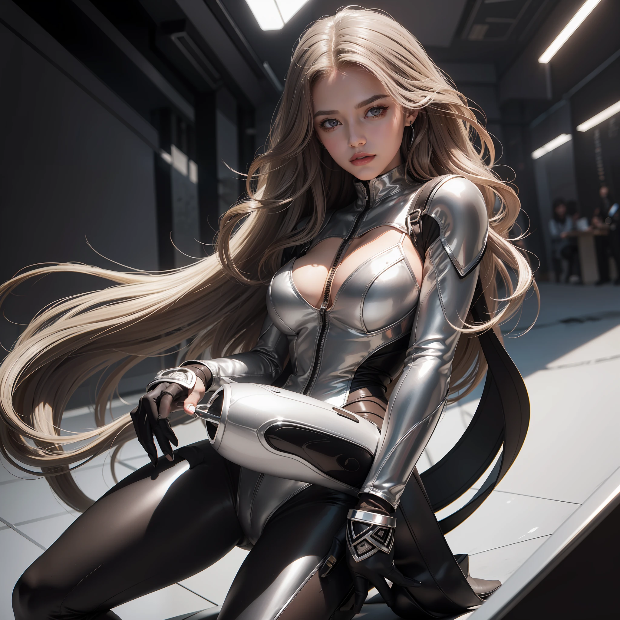 White woman, brown eyes, light brown wavy hair, wearing a black bodysuit with silver mugler style details, silver high boots, silver nails, with silver outlined, good art, 8k, well done art, good graphs, good quality, masterpiece, best quality, ultra-detailed, illustration, silver details