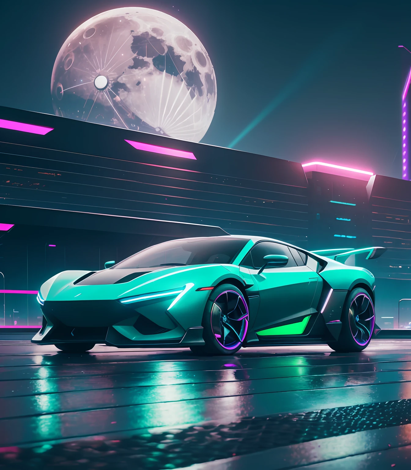 Futuristic car, modern, futuristic model, real, realistic, walking on the avenues of the futuristic city, neon city, cyberpunk, cgi, uhd, realistc, 32k, 20k, color lasers, wet ground, moon at background, track with lights, --auto --s2