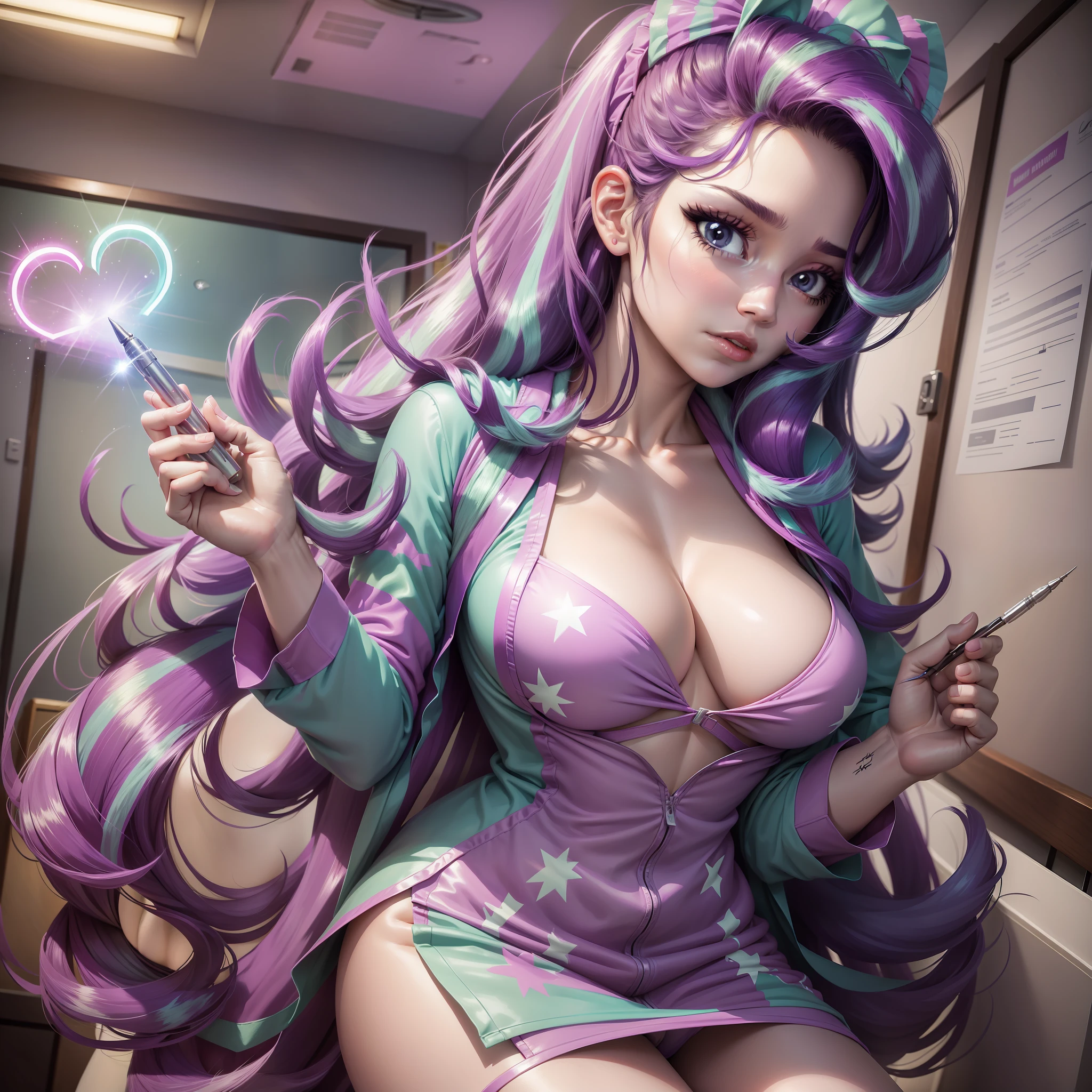 Starlight Glimmer, Starlight Glimmer from my little pony, Starlight Glimmer in the form of a girl, long hair, lush hair, big breasts, bulky breasts, firm breasts, nurse, syringe in hands, hugging nurse suit, in the hospital