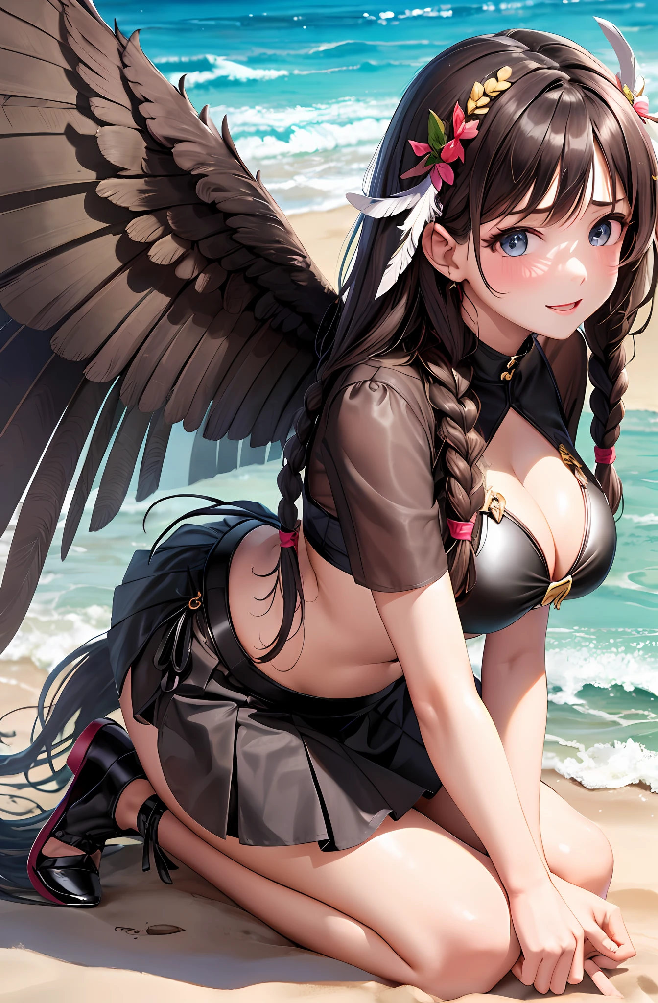 Top quality, ultra high resolution, (photorealistic: 1.4), big. On the back large wings. Brown hair in braids, long braided hair, black feathers on the back. Devil's wings. Close your eyes. Blush. In the room. Sweat. Kneeling. Get on your knees. Miniskirt. Bikini. Smiling face. Sea. Beach. Lift the skirt.