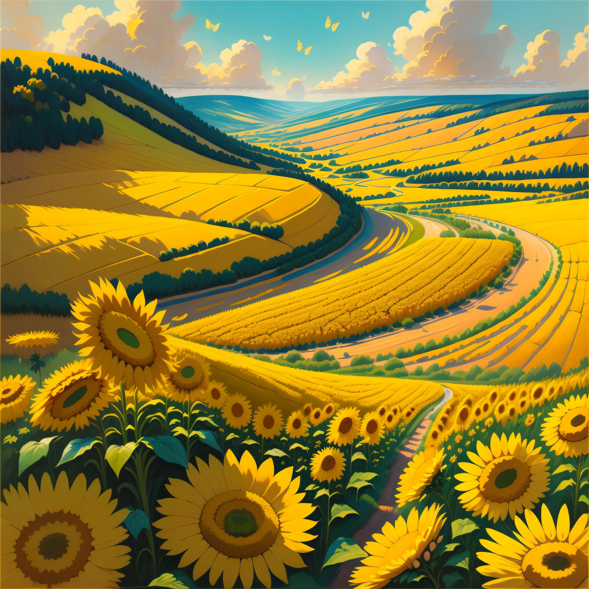 In this sunny landscape, you find yourself in a wide field of vibrant and lush sunflowers. The golden and yellow hues of sunflowers extend as far as the eye can see, creating a sense of joy and vitality. Clear, cloudless blue skies complement the scene, while colorful butterflies dance in the air. The sweet and soft aroma of the flowers fills the air, bringing an infectious joy to the environment. You feel refreshed and full of energy as you contemplate this joyful landscape.