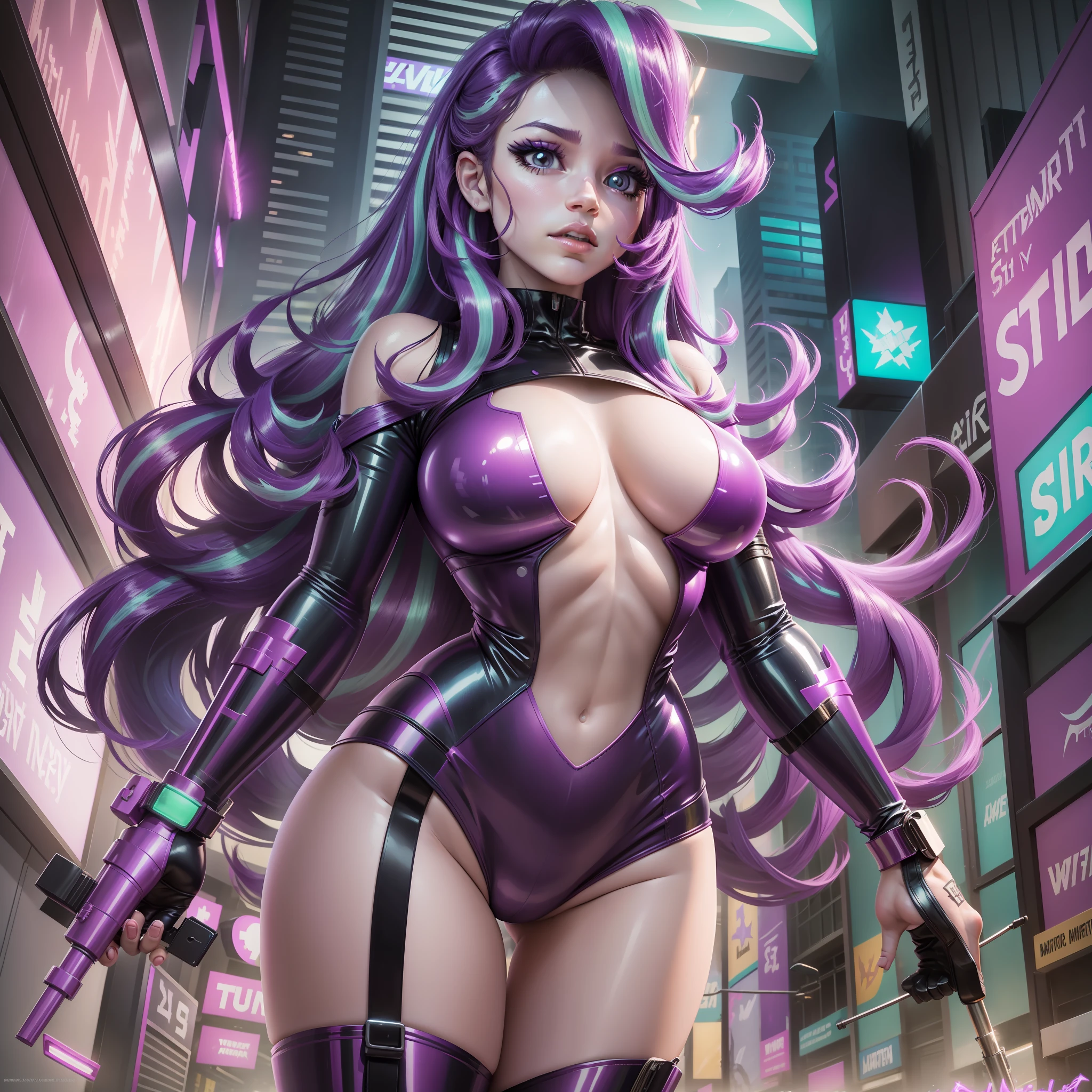 Starlight Glimmer, Starlight Glimmer from my little pony, Starlight Glimmer in the form of a girl, long hair, lush hair, big breasts, voluminous breasts, elastic breasts, cyberpunk, latex suit, big metropolis, future, motorcycle, neon lights